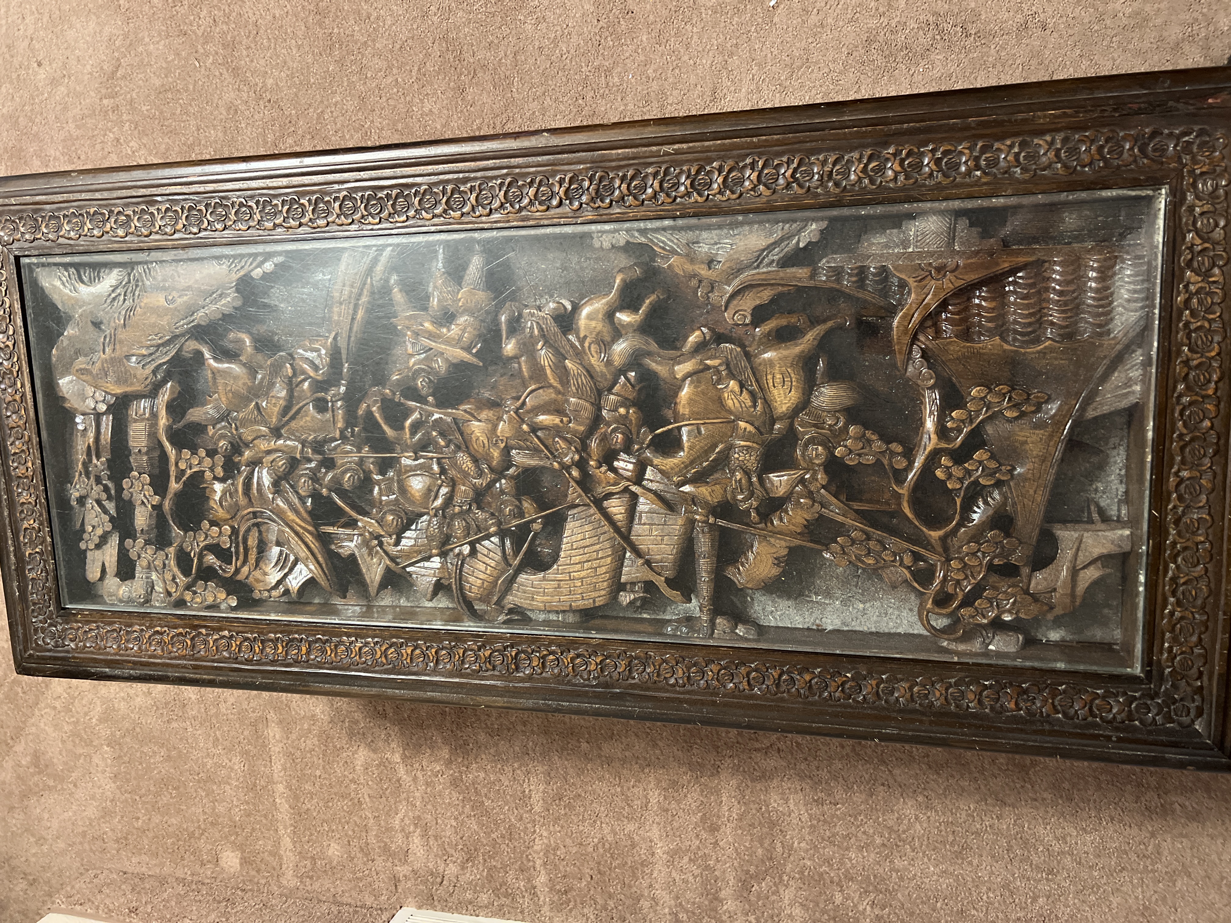 Chinese Late Qing/Republic Period Carved Wood Battle Scene Architectural Panel