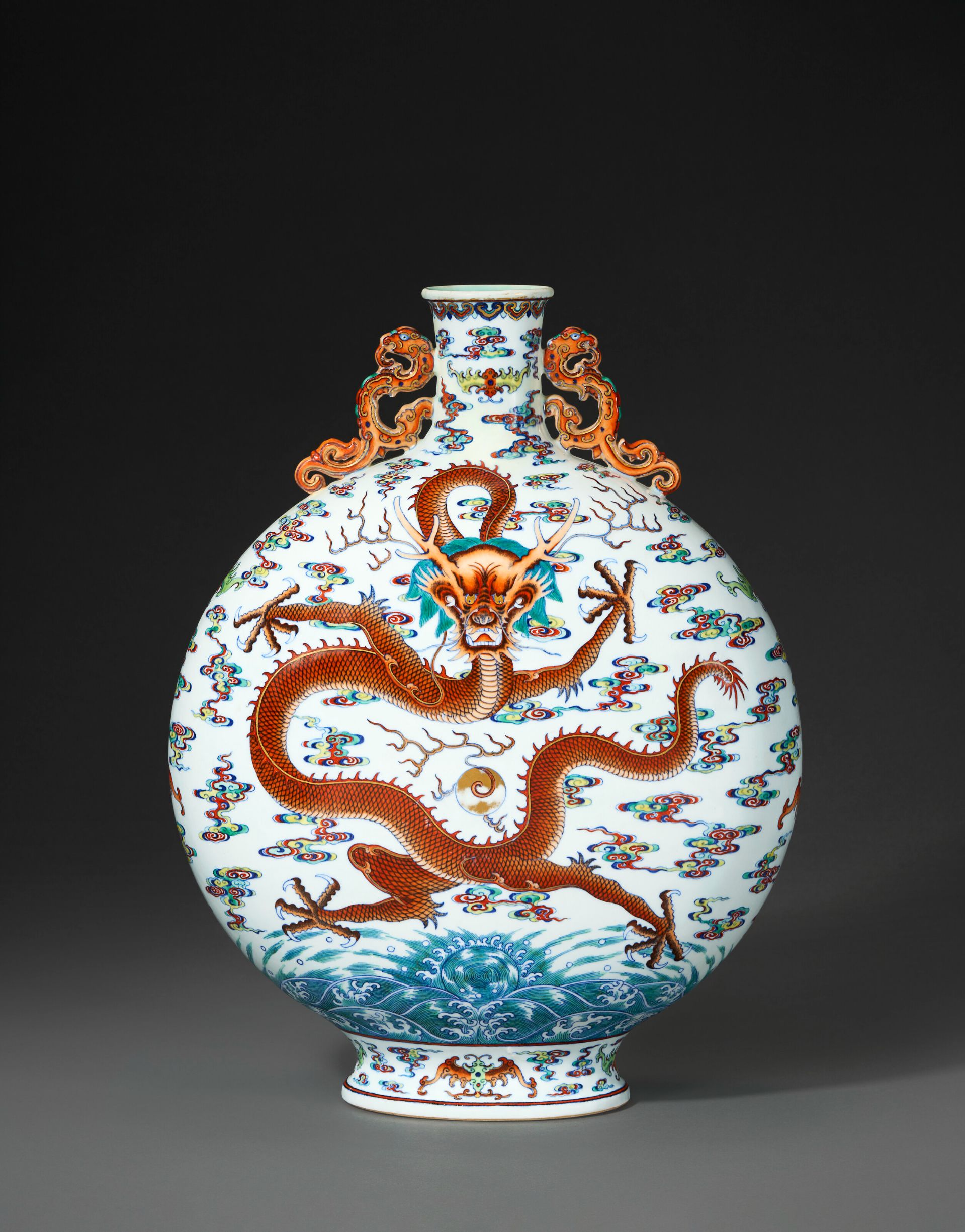 Chinese Qing Style Famille Rose Porcelain Dragon Moonflask Vase