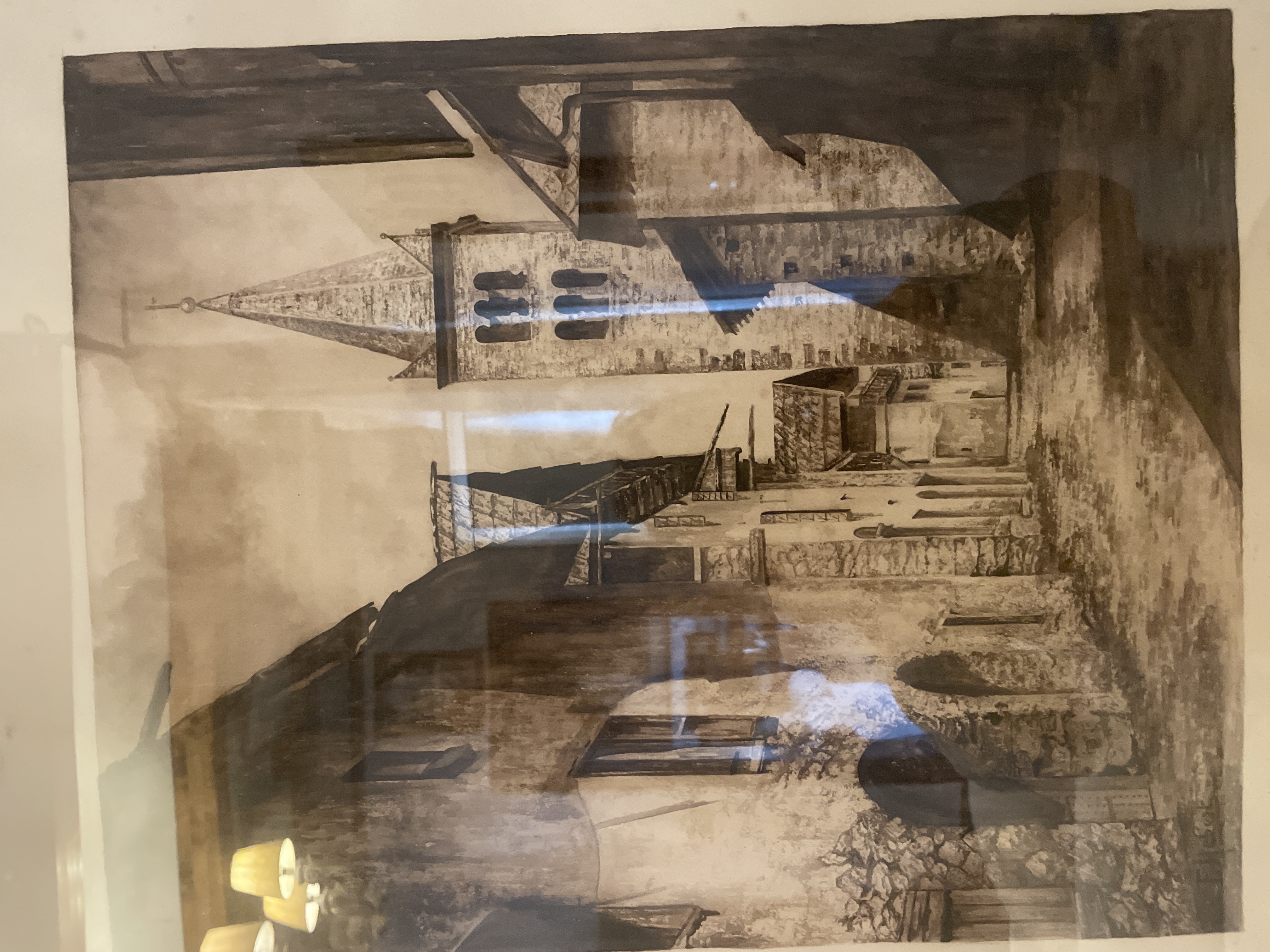 Early 20th Century European Realist Sepia Ink-Wash Village Street Scene on Paper
