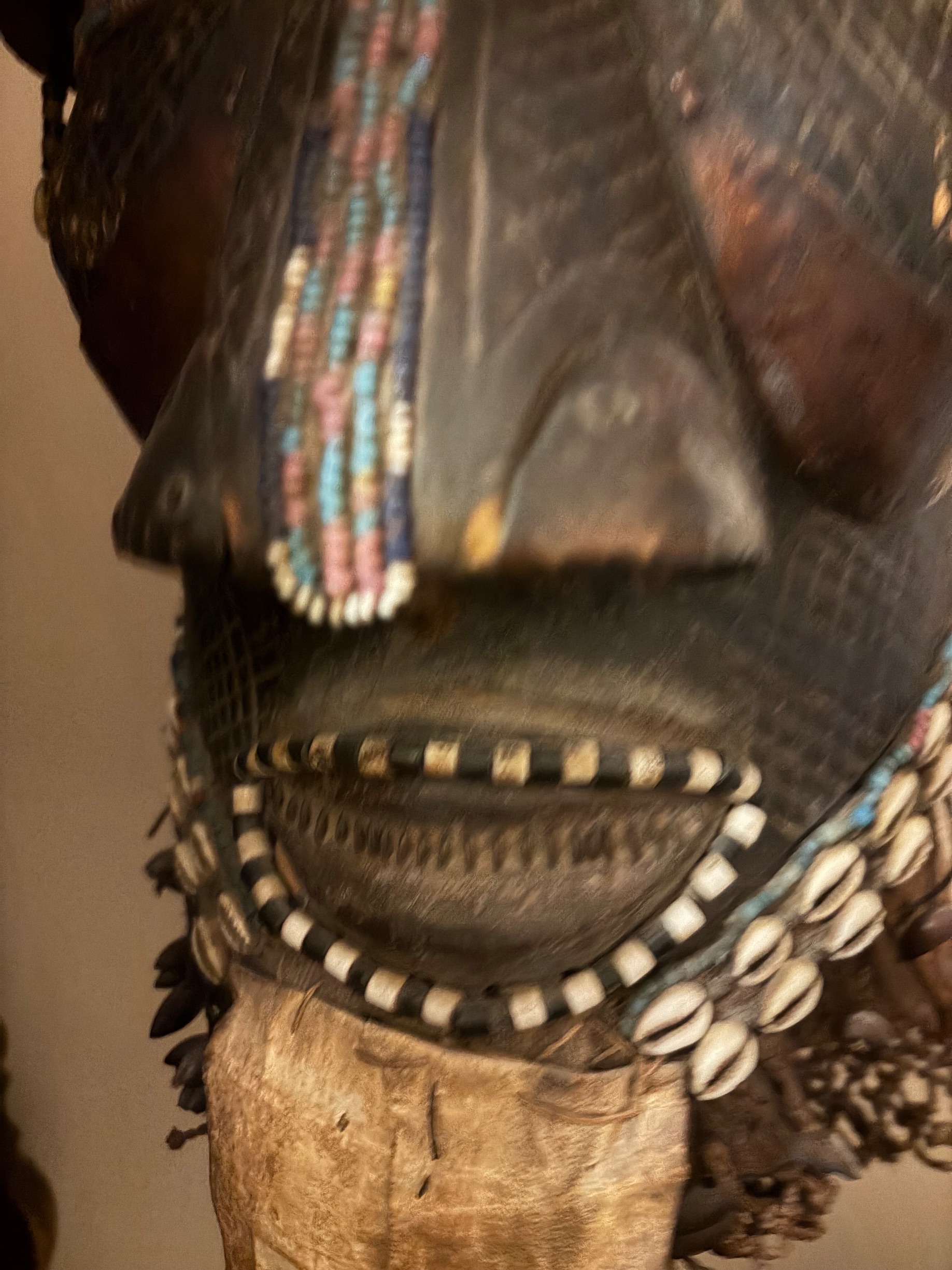 Yoruba Style Beaded Wood Helmet Mask with Cowrie Shell Adornment thumbnail 3