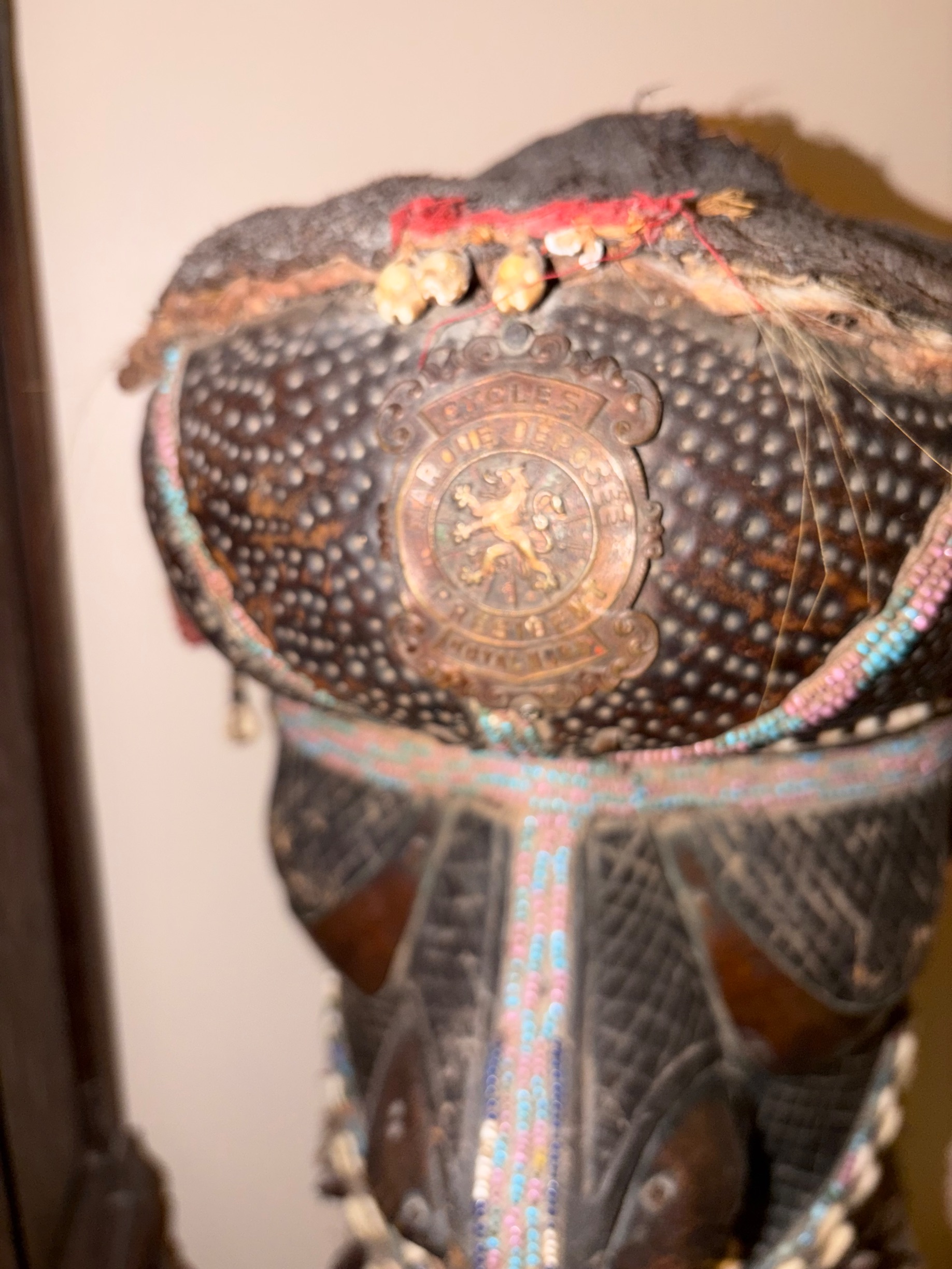 Yoruba Style Beaded Wood Helmet Mask with Cowrie Shell Adornment thumbnail 4