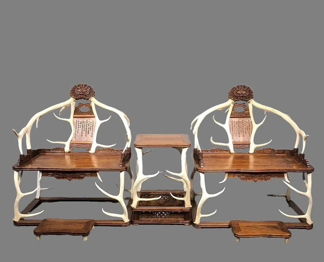 Chinese Antler-Form Huanghuali Style Scholars’ Chair and Table Suite