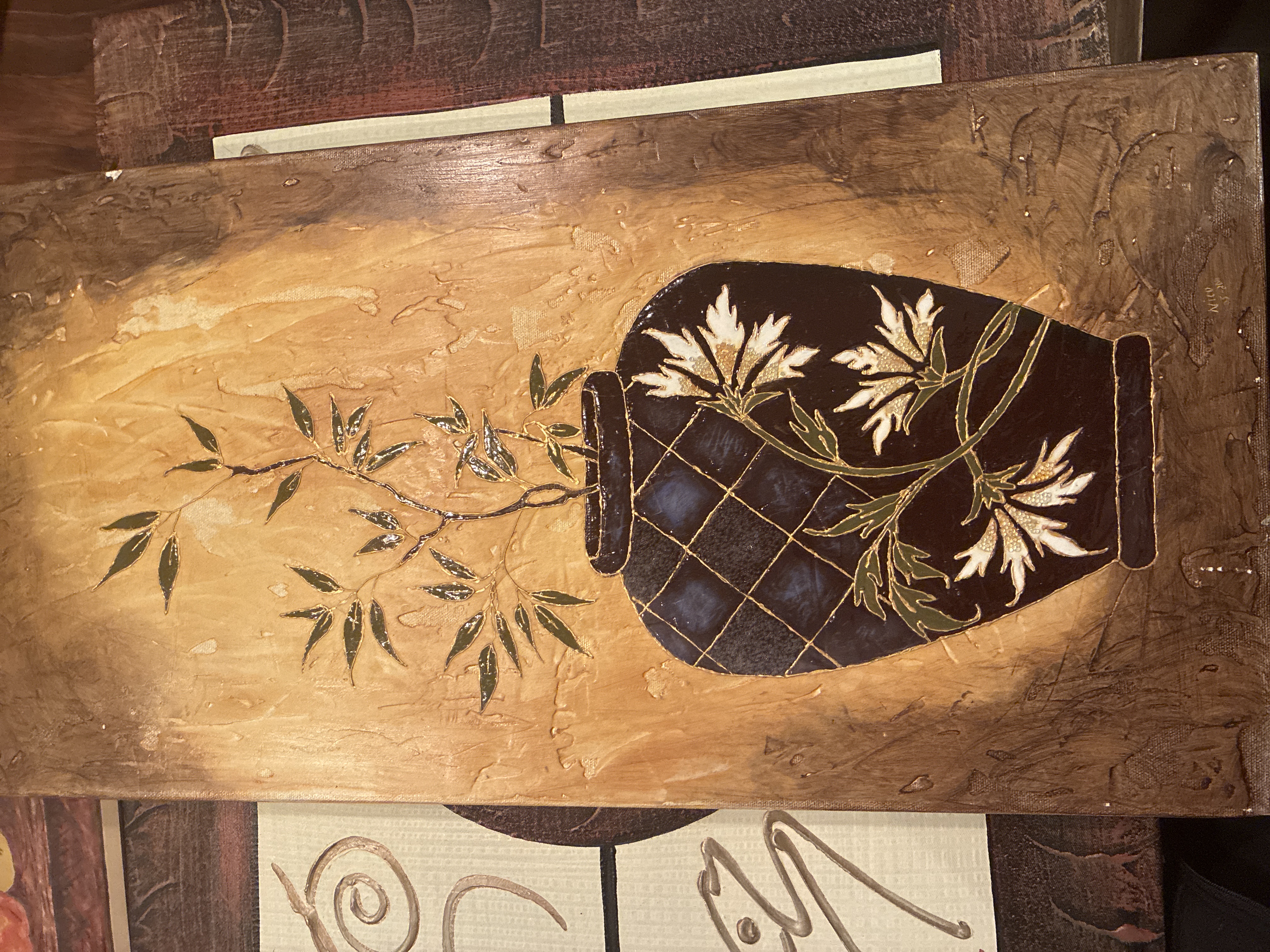 Contemporary Decorative Textured Vase Painting on Board
