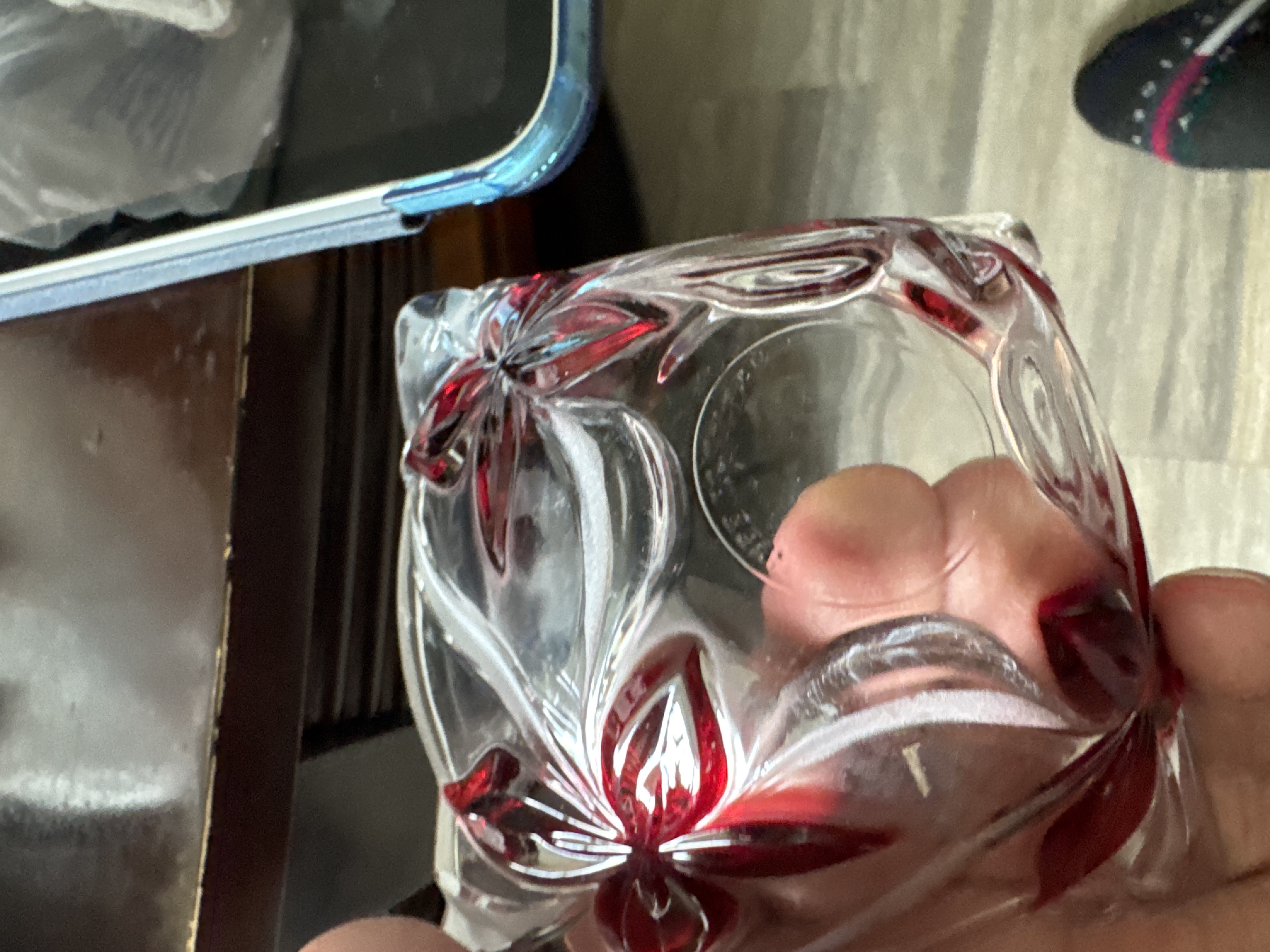 Vintage Glass Ashtray with Red Floral Design