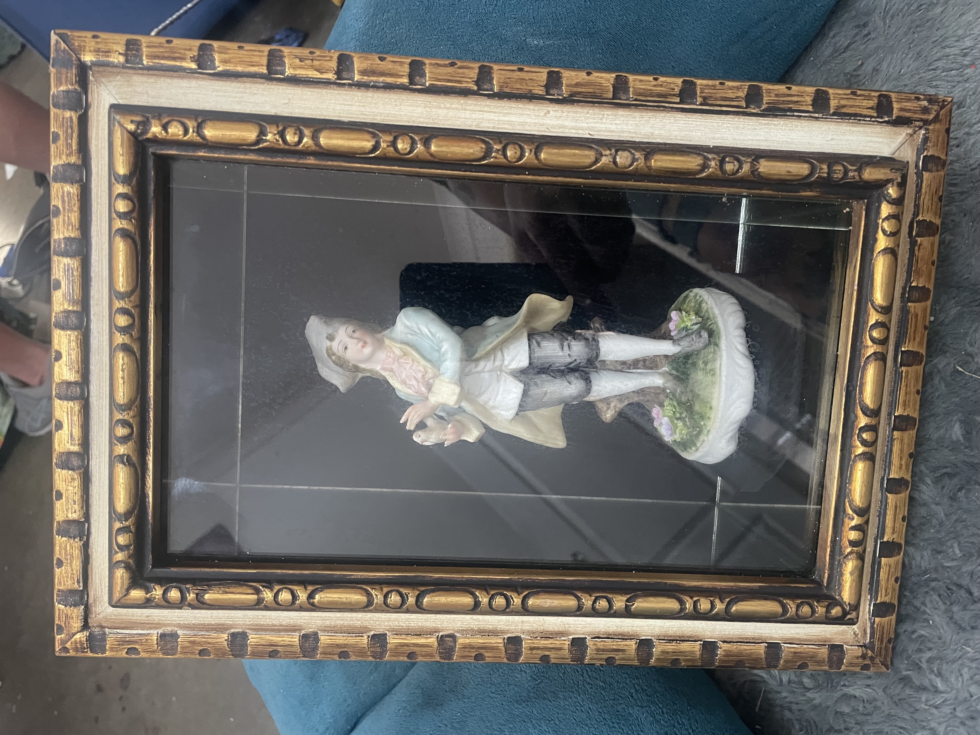 Rococo Revival Style Porcelain Figurine in Shadow Box Frame