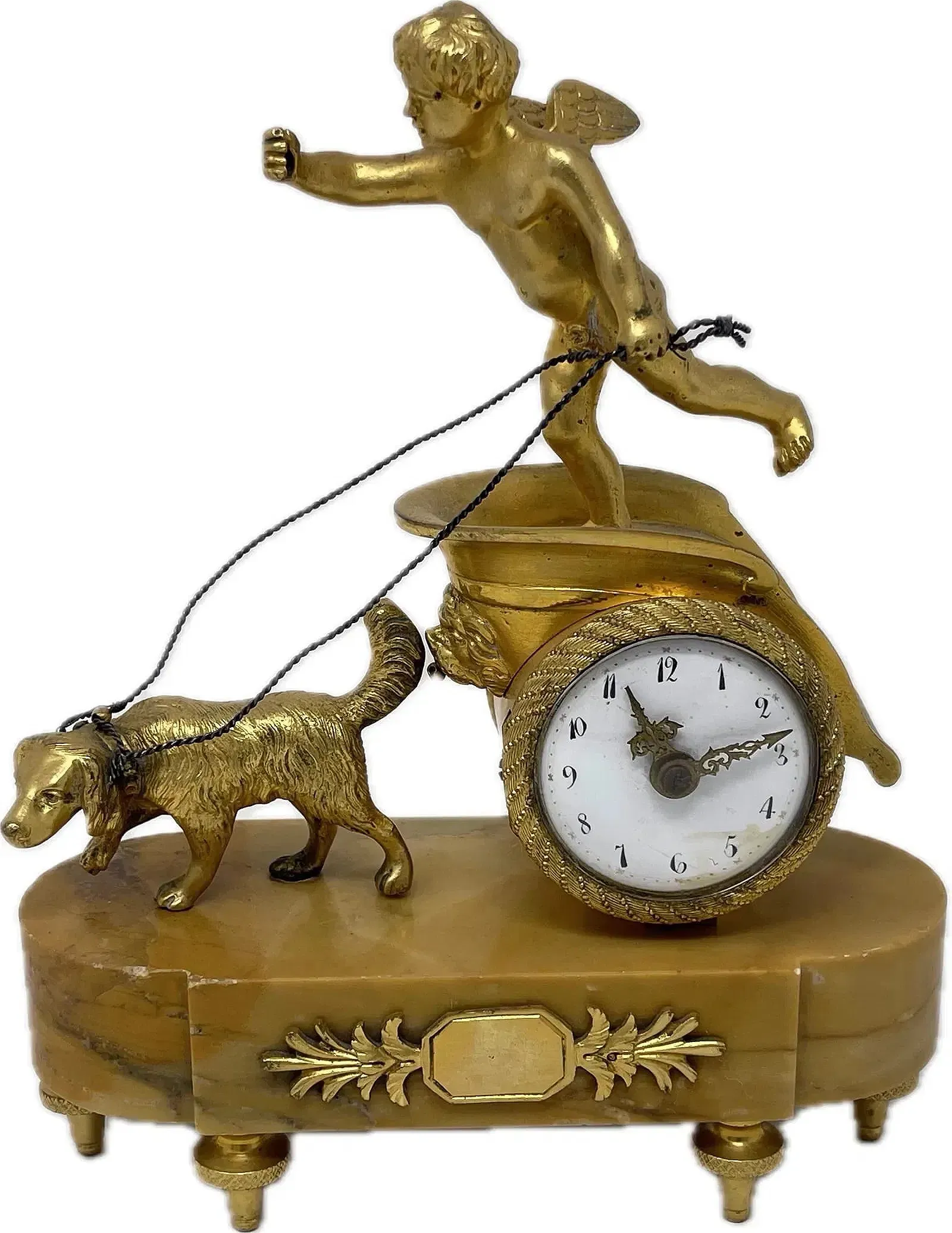 French Empire Period Gilt Bronze Figural Mantel Clock with Cupid and Dog