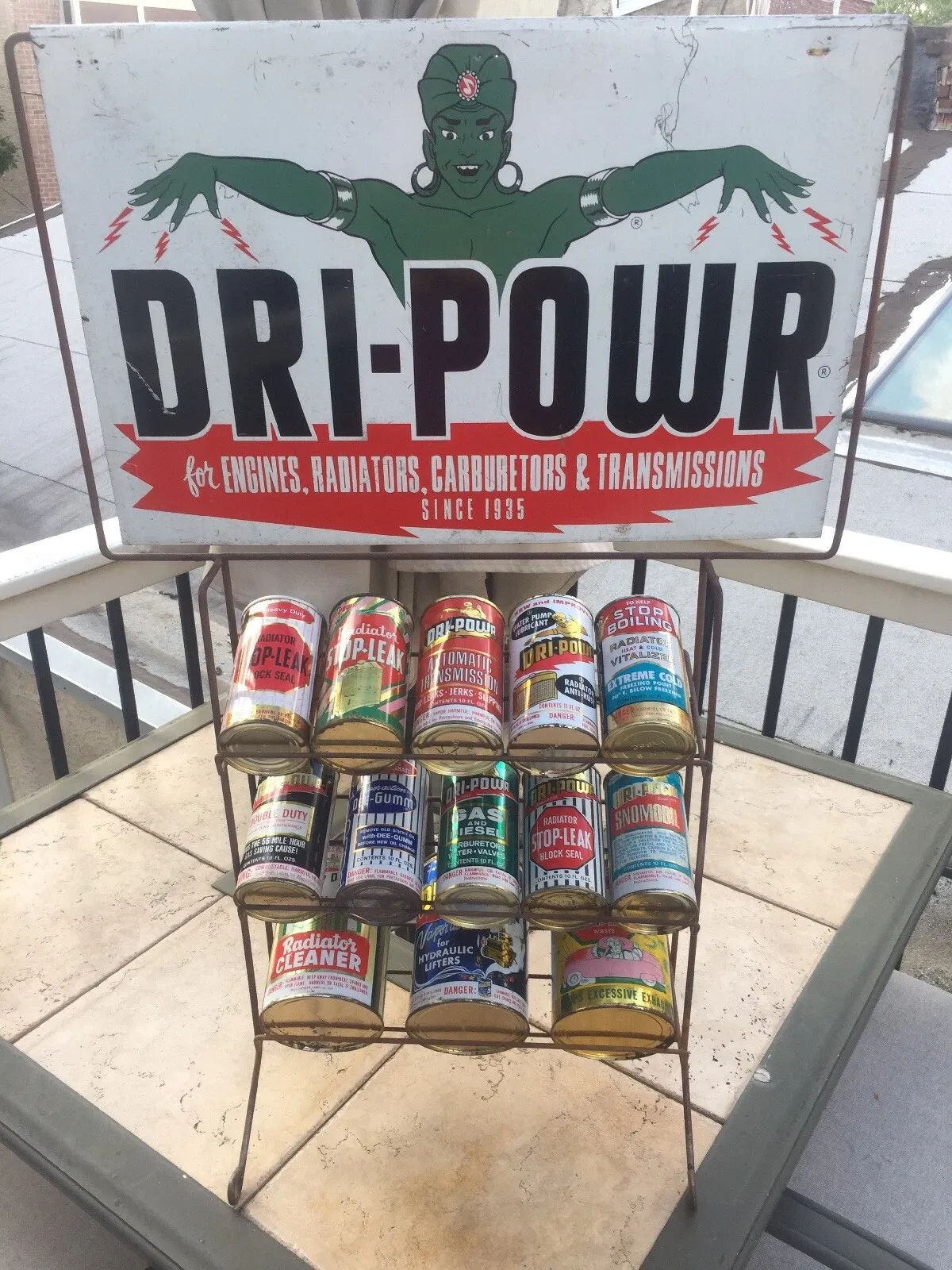 American Dri-Powr Automotive Product Counter Display Rack with Tin Cans