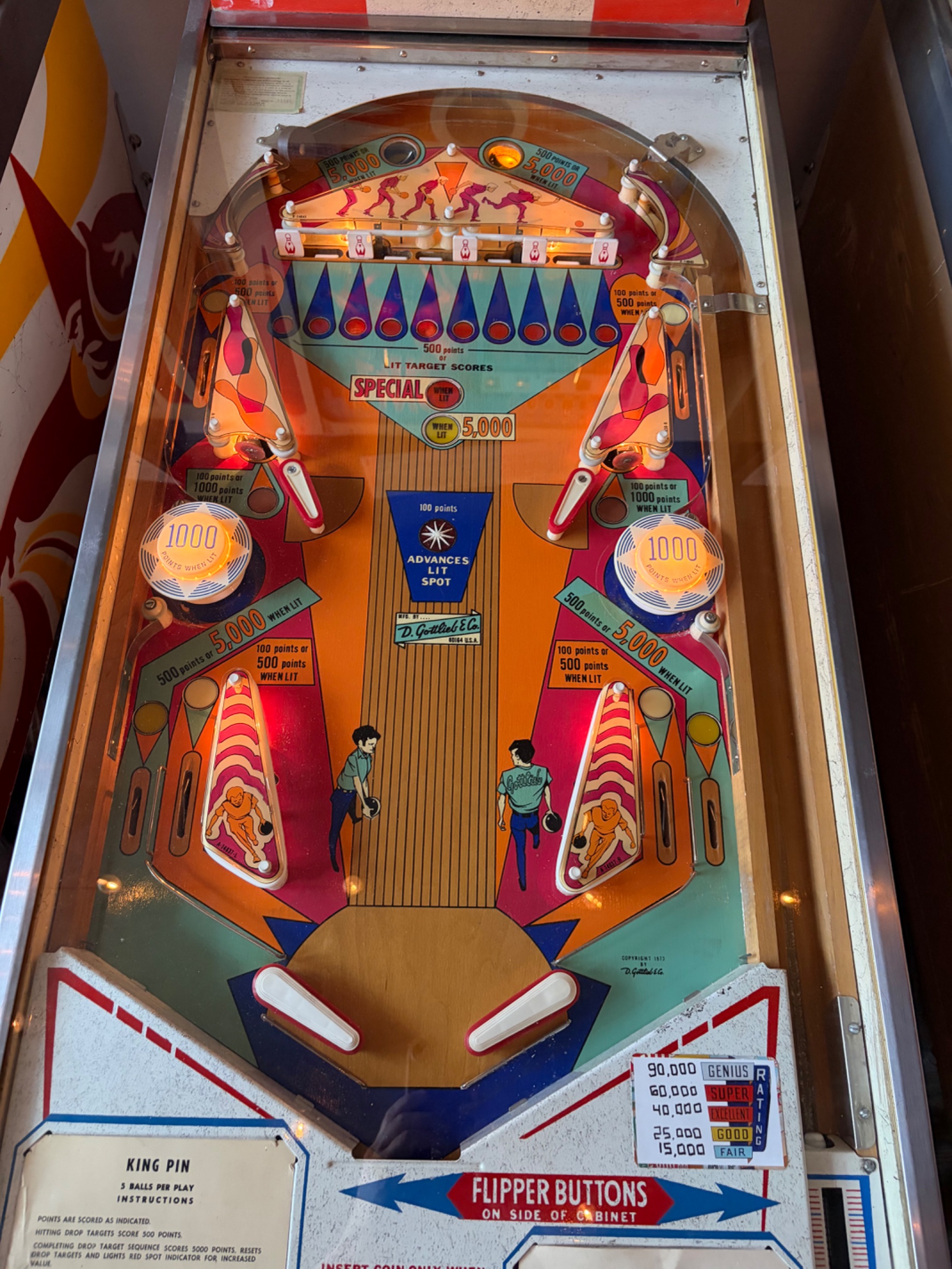 American 1970s D. Gottlieb & Co. Electro-Mechanical Pinball Machine "King Pin" thumbnail 8