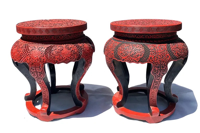 Pair of Chinese Cinnabar Lacquer Style Stools thumbnail 2