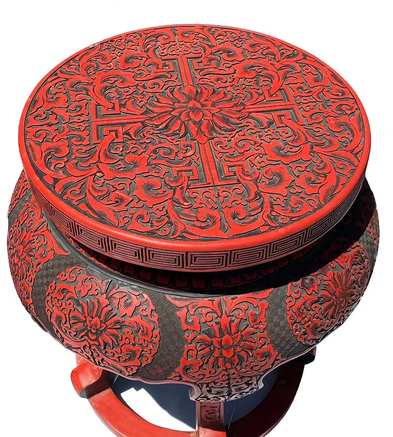 Pair of Chinese Cinnabar Lacquer Style Stools thumbnail 3