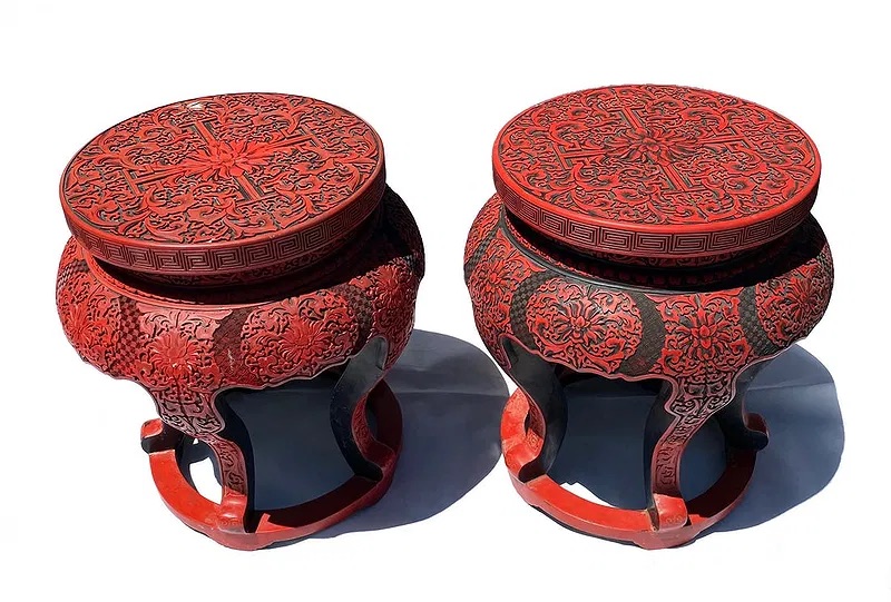Pair of Chinese Cinnabar Lacquer Style Stools thumbnail 6