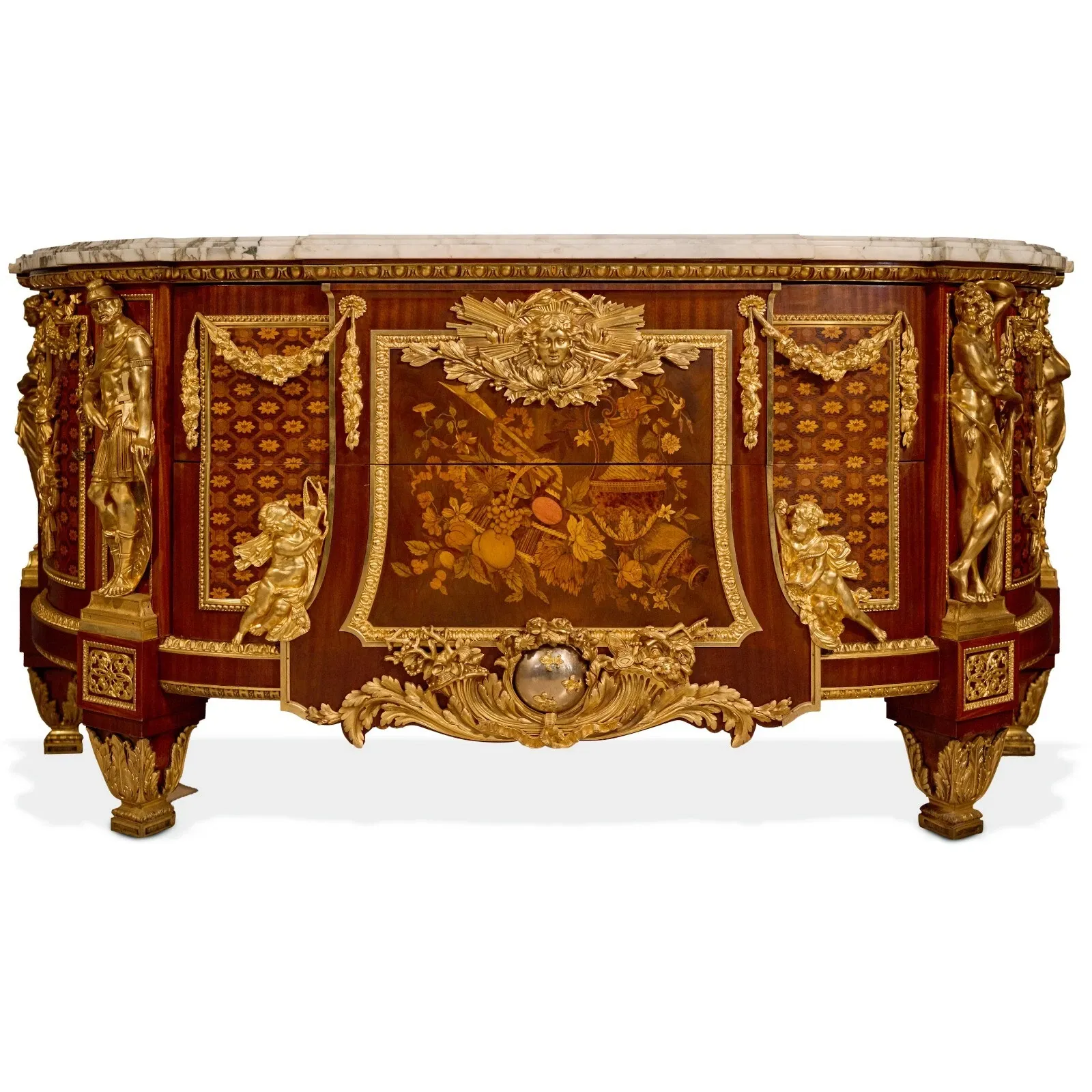 French Louis XVI Style Marble-Top Kingwood Marquetry Serpentine Sideboard (Buffet) with Gilt Bronze Mounts