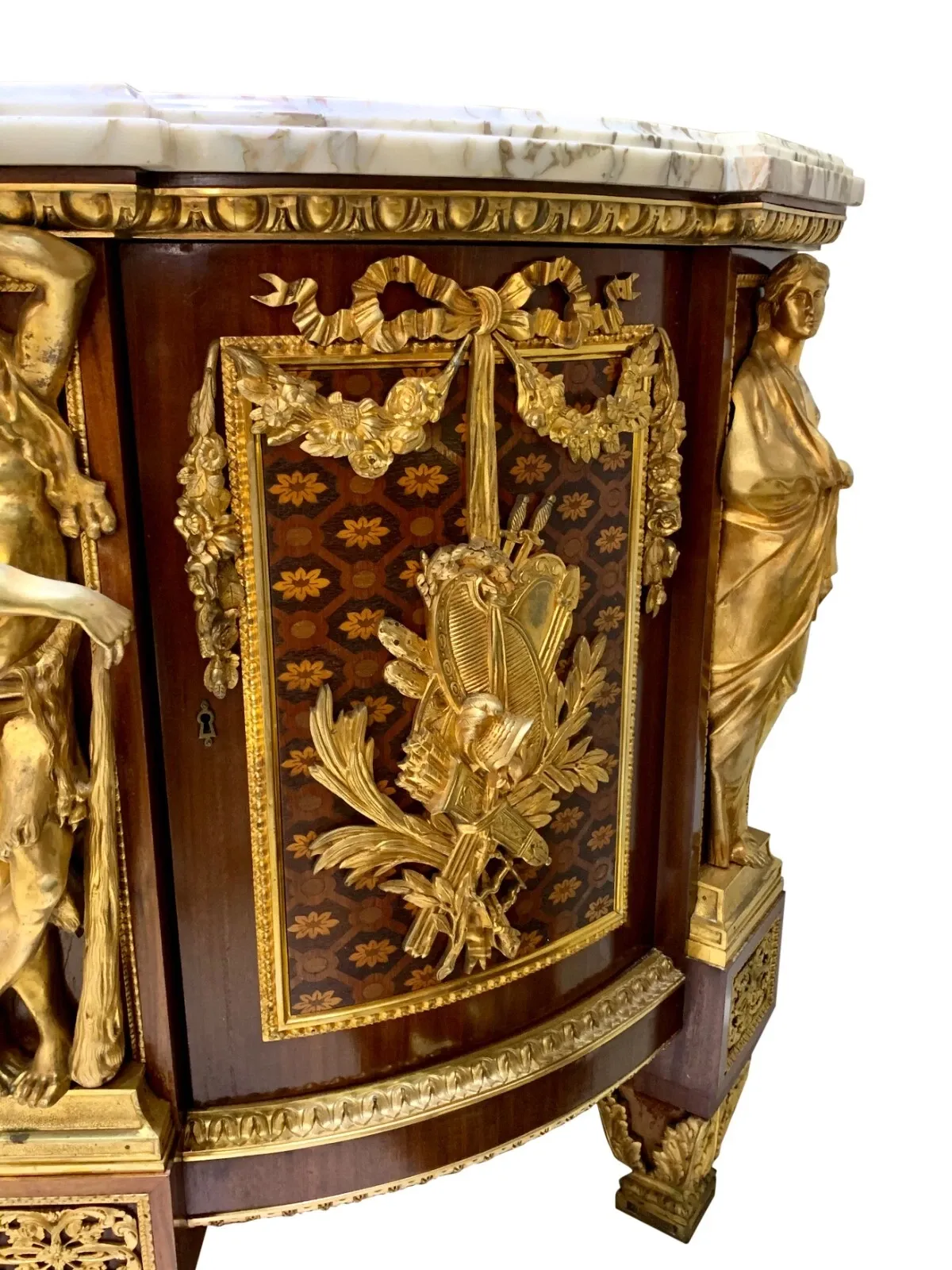 French Louis XVI Style Marble-Top Kingwood Marquetry Serpentine Sideboard (Buffet) with Gilt Bronze Mounts thumbnail 2