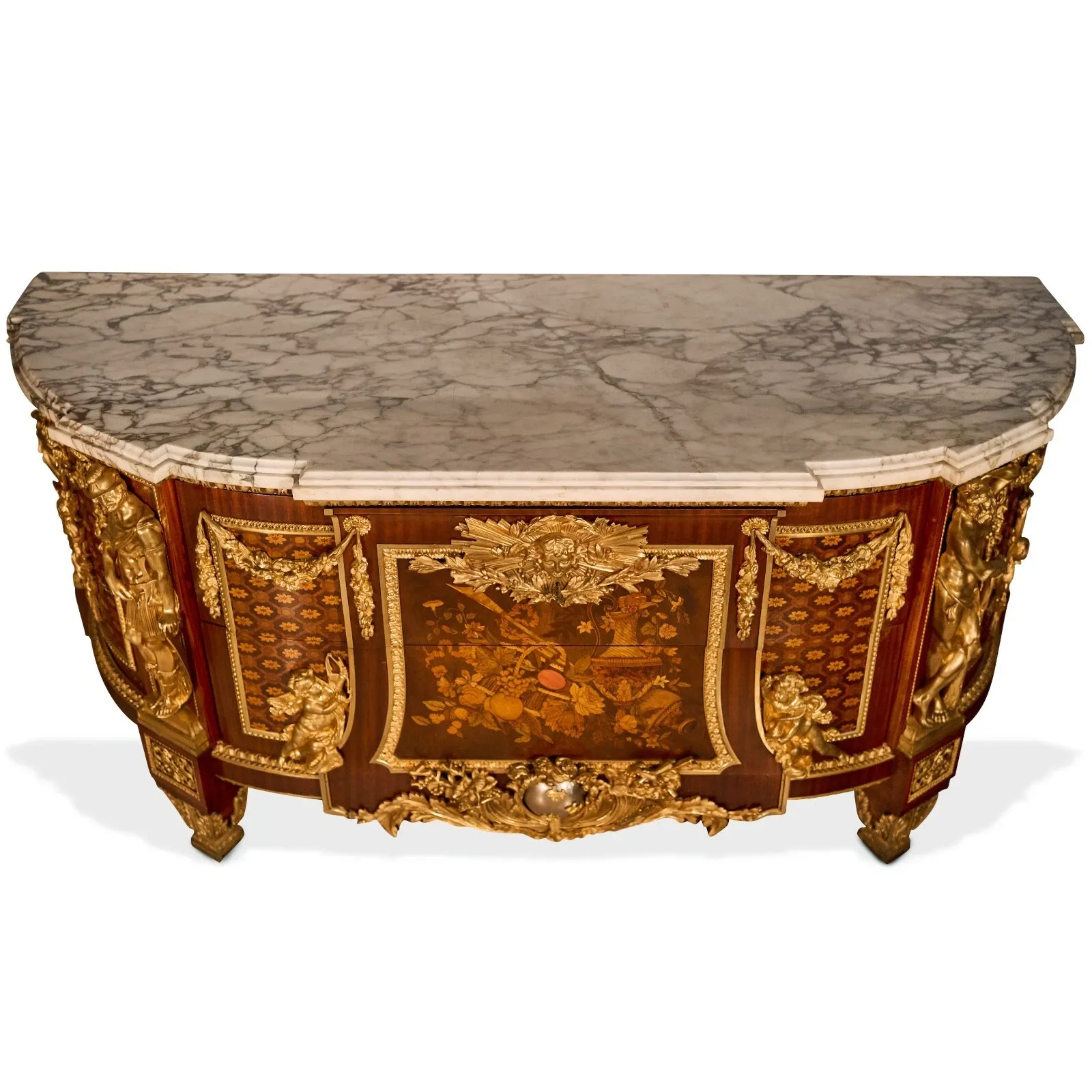 French Louis XVI Style Marble-Top Kingwood Marquetry Serpentine Sideboard (Buffet) with Gilt Bronze Mounts thumbnail 4