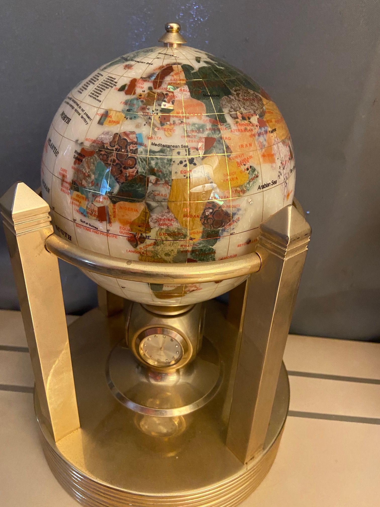 Postmodern Gemstone Inlaid Tabletop Globe with Clock