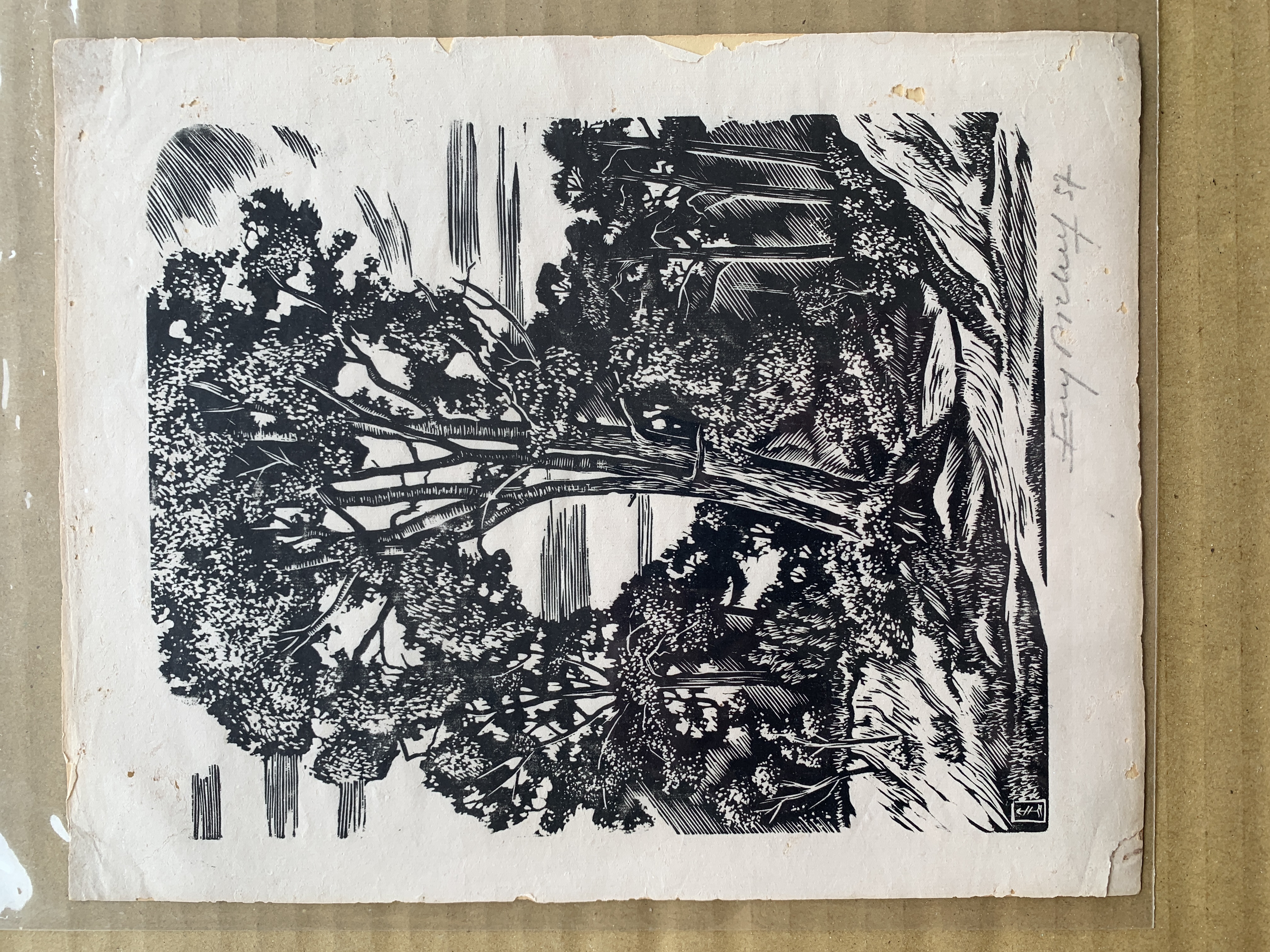 American WPA Modernist Woodcut Landscape Print