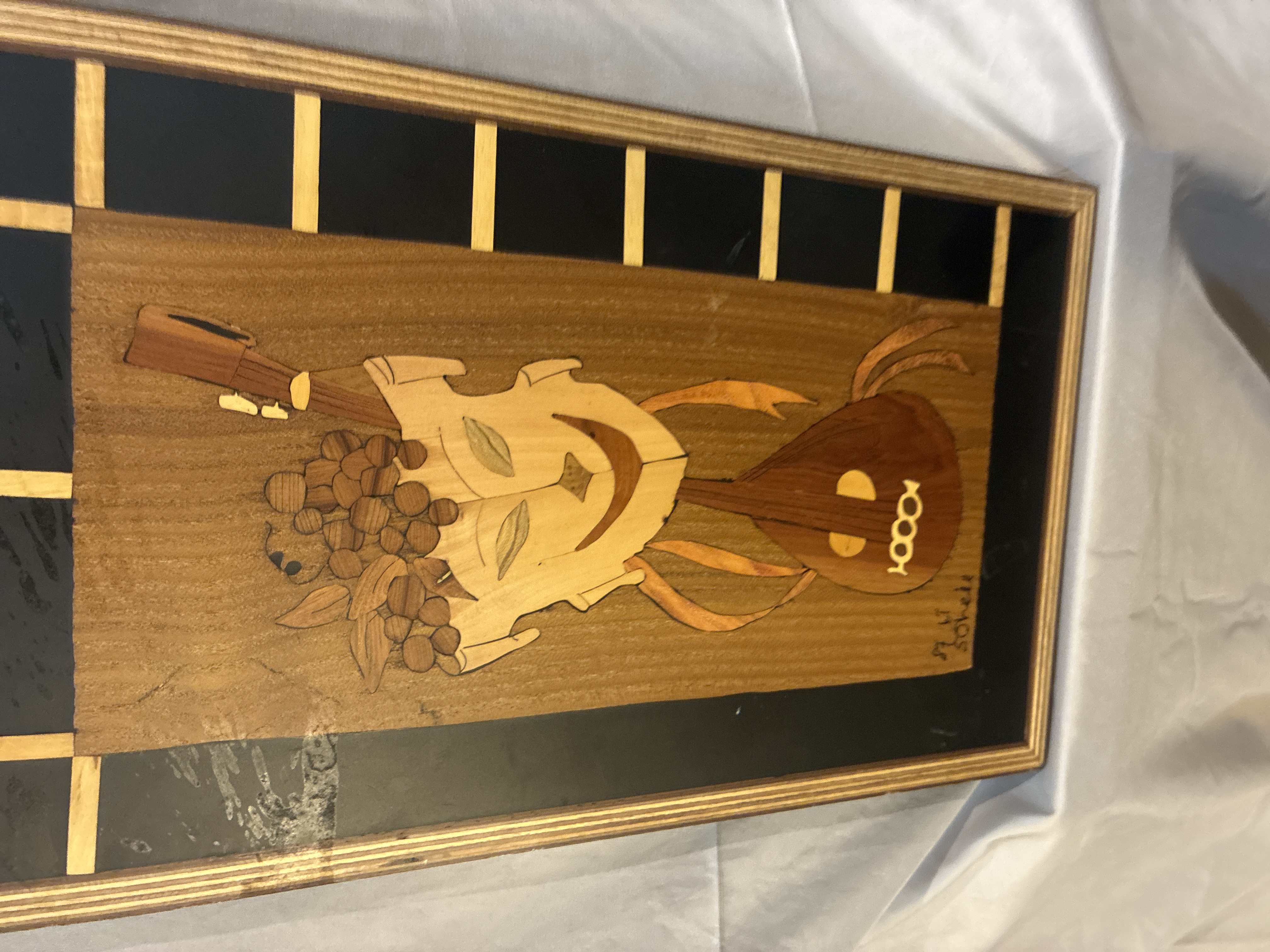 Mid-20th Century Marquetry Wall Plaque with Theatrical Mask and Lute