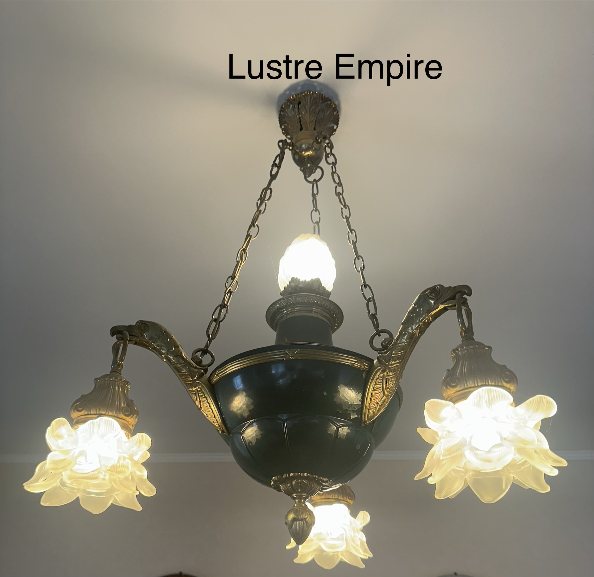 American Empire-Style Brass and Glass 4-Light Chandelier thumbnail
