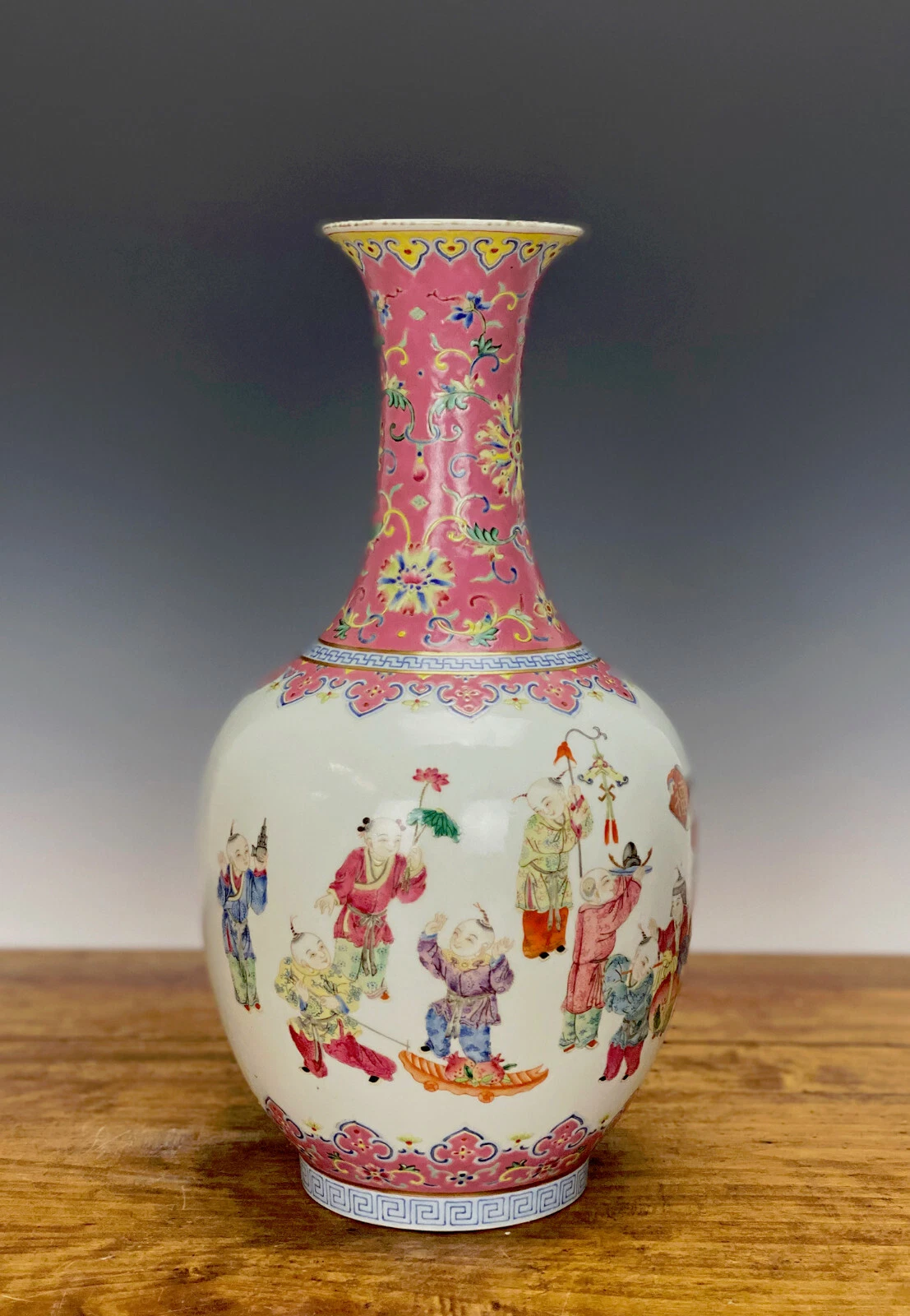 Chinese Famille Rose 'Hundred Children' Baluster Vase, bearing a Qianlong Mark thumbnail 3