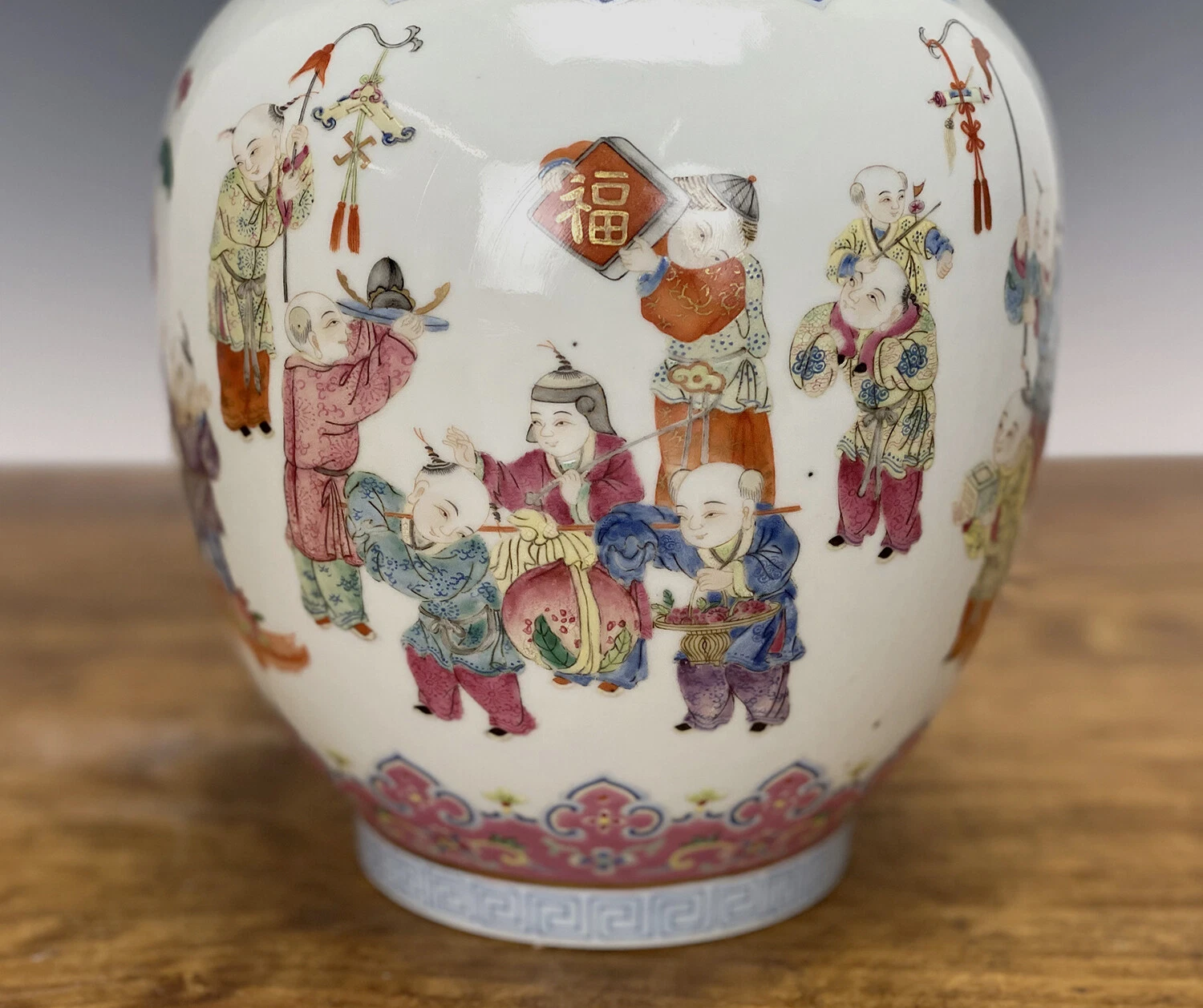 Chinese Famille Rose 'Hundred Children' Baluster Vase, bearing a Qianlong Mark thumbnail 4