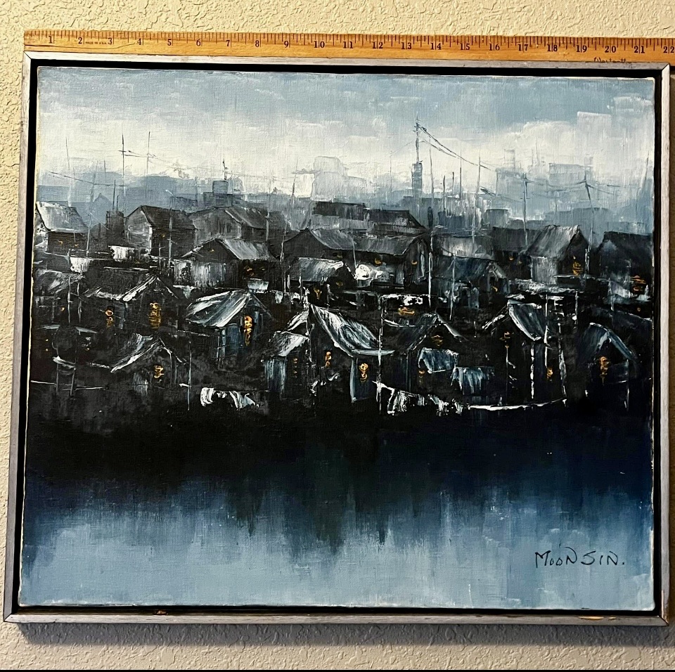 Midcentury Urban Landscape Oil Painting by Moon Sin