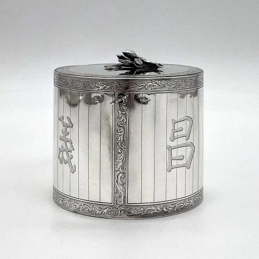 Edwardian Period English Sterling Silver Tea Caddy with Chinese Character Engraving