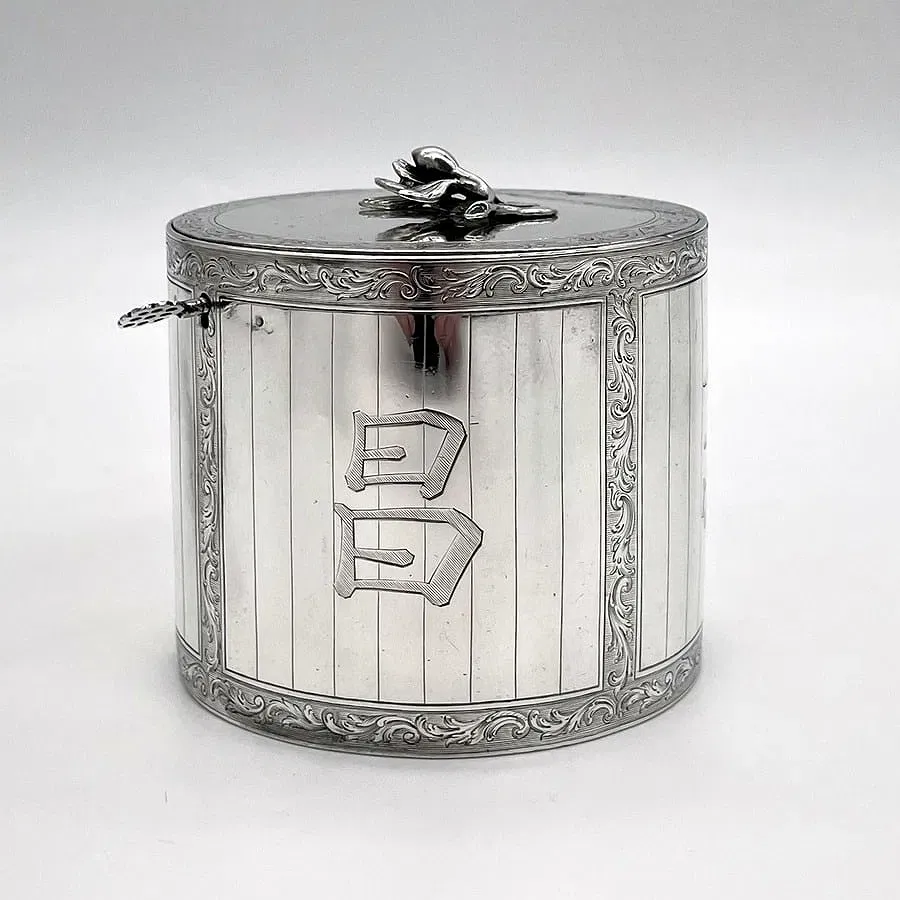 Edwardian Period English Sterling Silver Tea Caddy with Chinese Character Engraving thumbnail 4