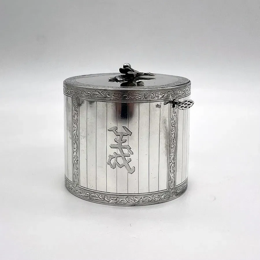 Edwardian Period English Sterling Silver Tea Caddy with Chinese Character Engraving thumbnail 6