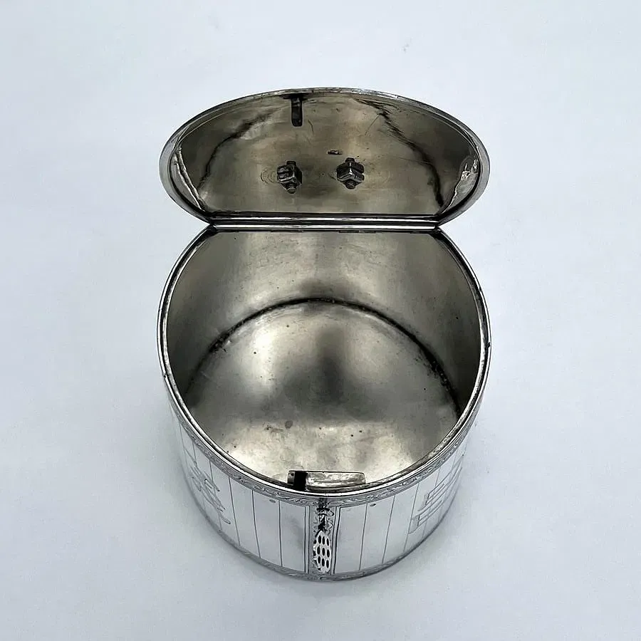 Edwardian Period English Sterling Silver Tea Caddy with Chinese Character Engraving thumbnail 9