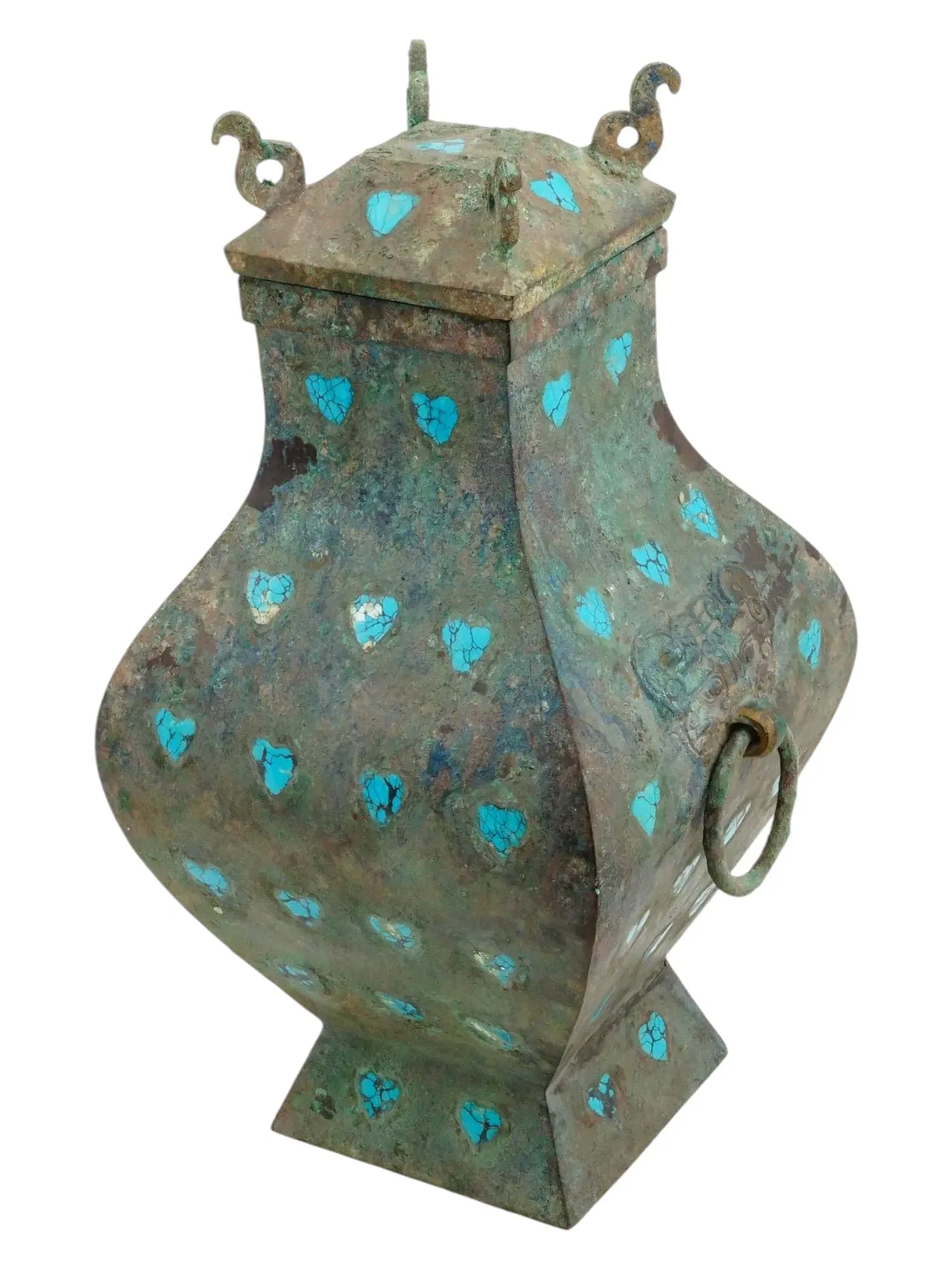 Chinese Eastern Zhou Period Bronze Fanghu with Turquoise Inlay