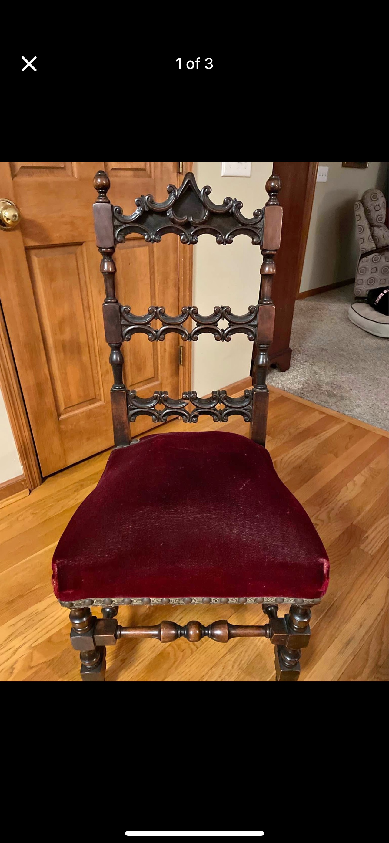 Victorian Revival Walnut Side Chair with Carved Crest and Velvet Seat