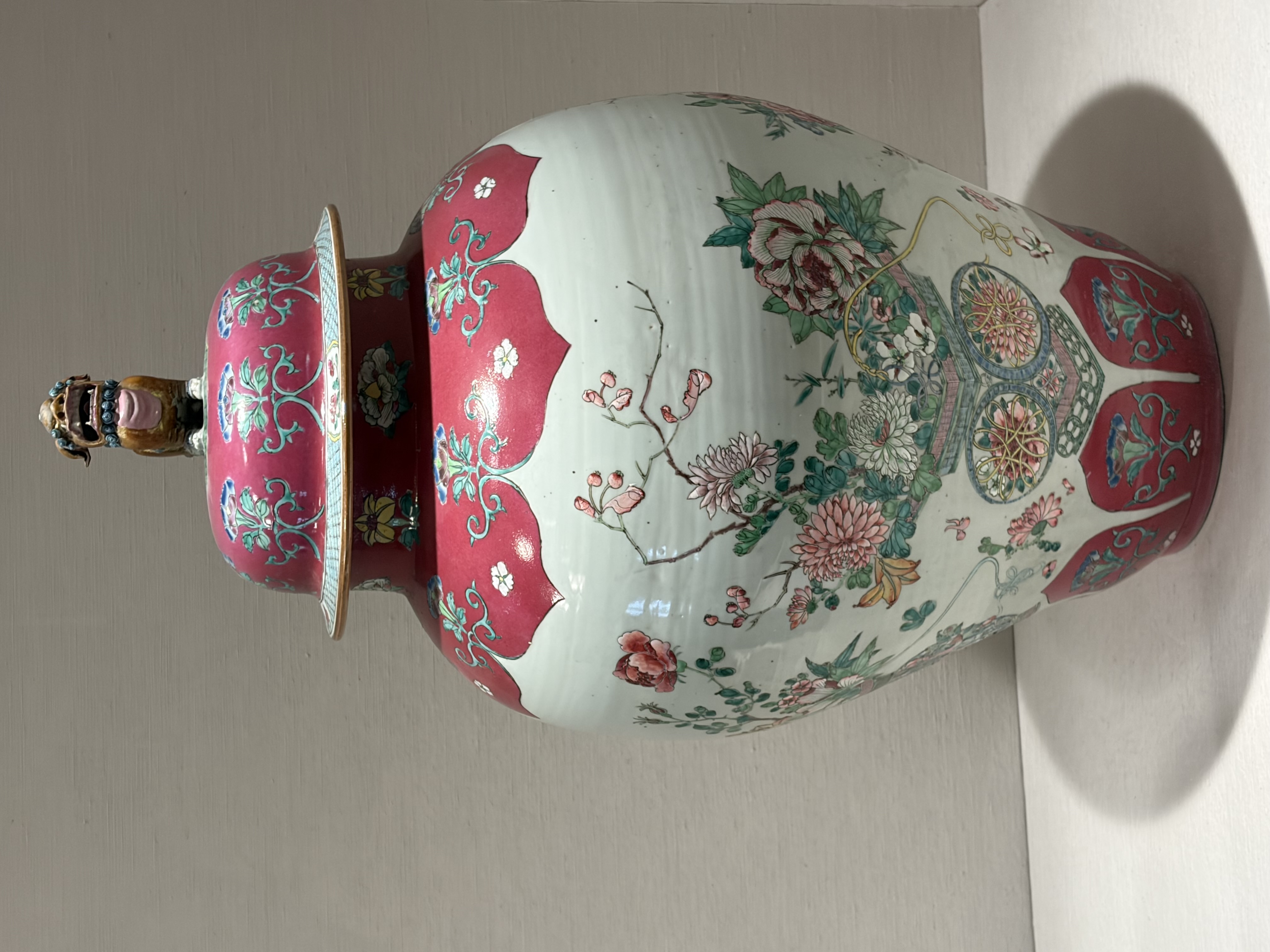 Famille Rose Lidded Porcelain Jar with Foo Dog Finial