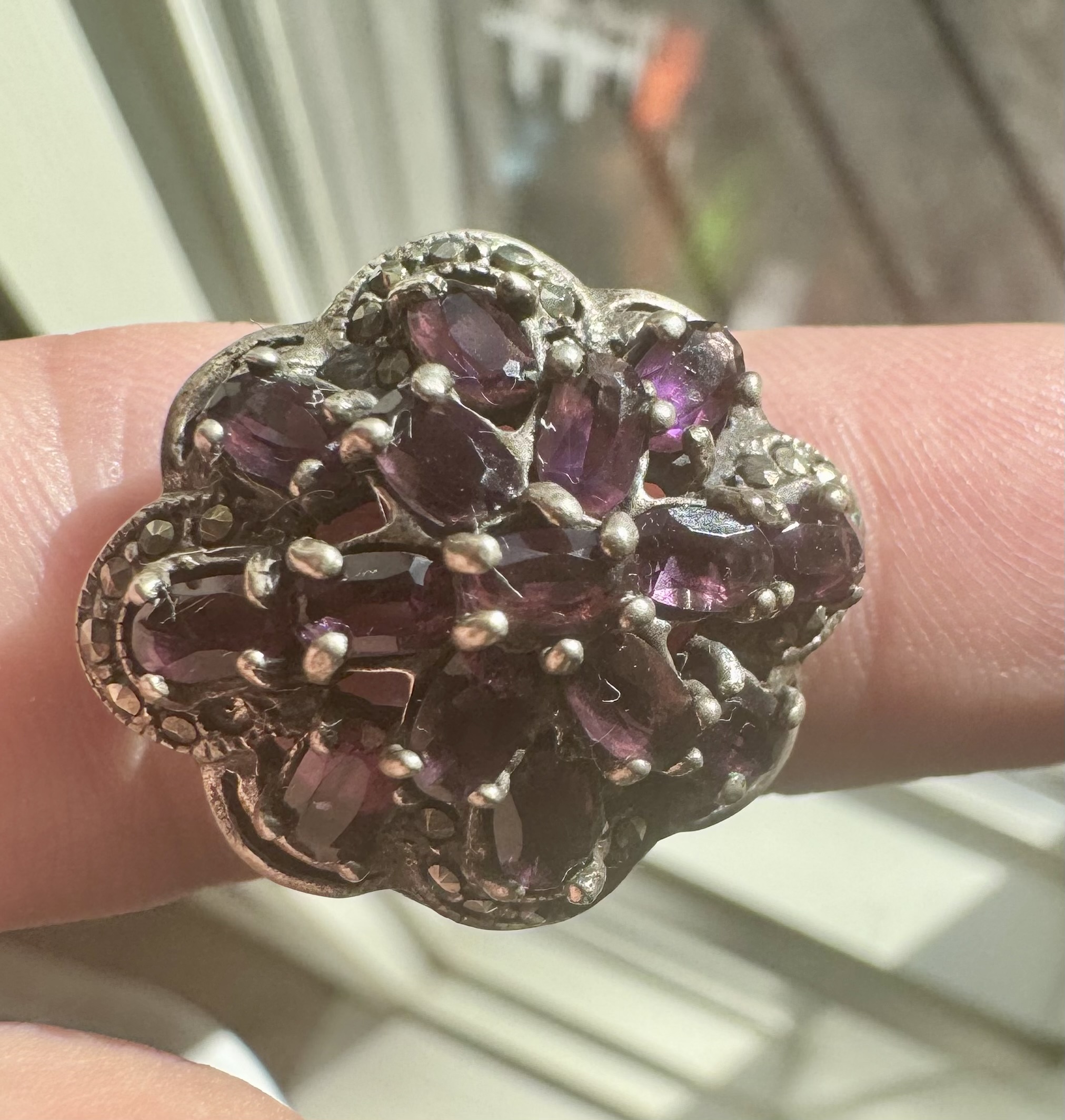 Victorian Revival Sterling Silver and Amethyst Cluster Ring