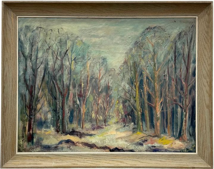 Mid-Century Impressionist Style Forest Landscape Oil Painting