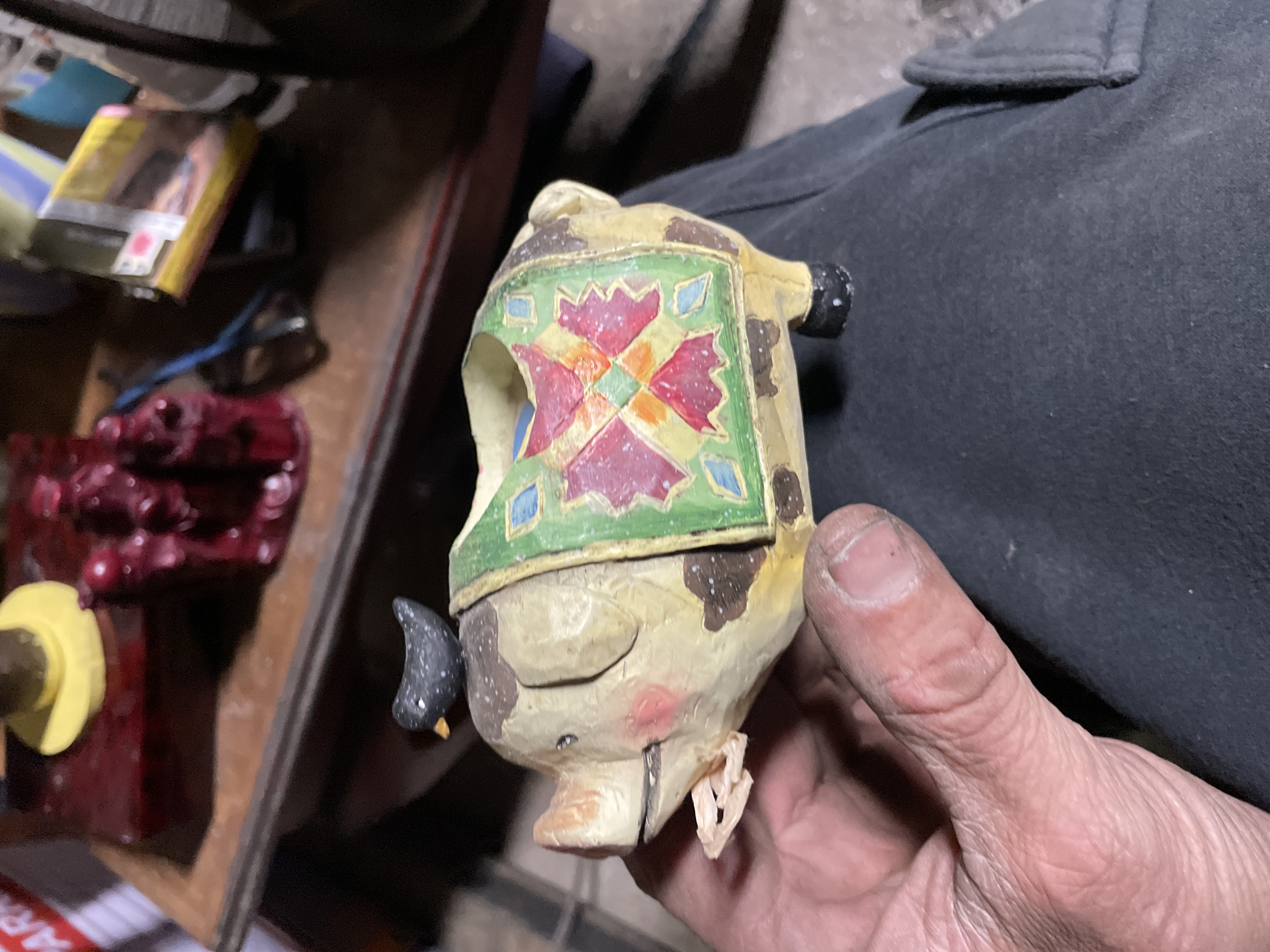 Folk Art Painted Wooden Pig Figurine