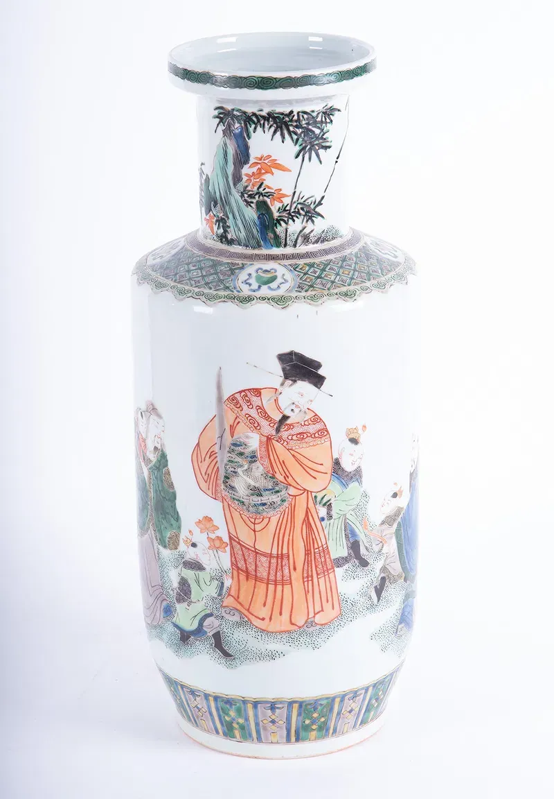 Chinese Famille Verte Rouleau Vase Bearing a Kangxi Mark