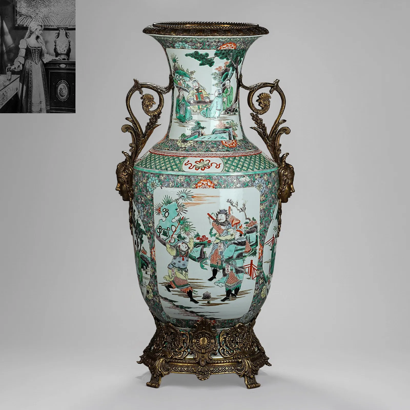 Chinese Famille Verte Style Porcelain Vase with Gilt Bronze Ormolu Mounts