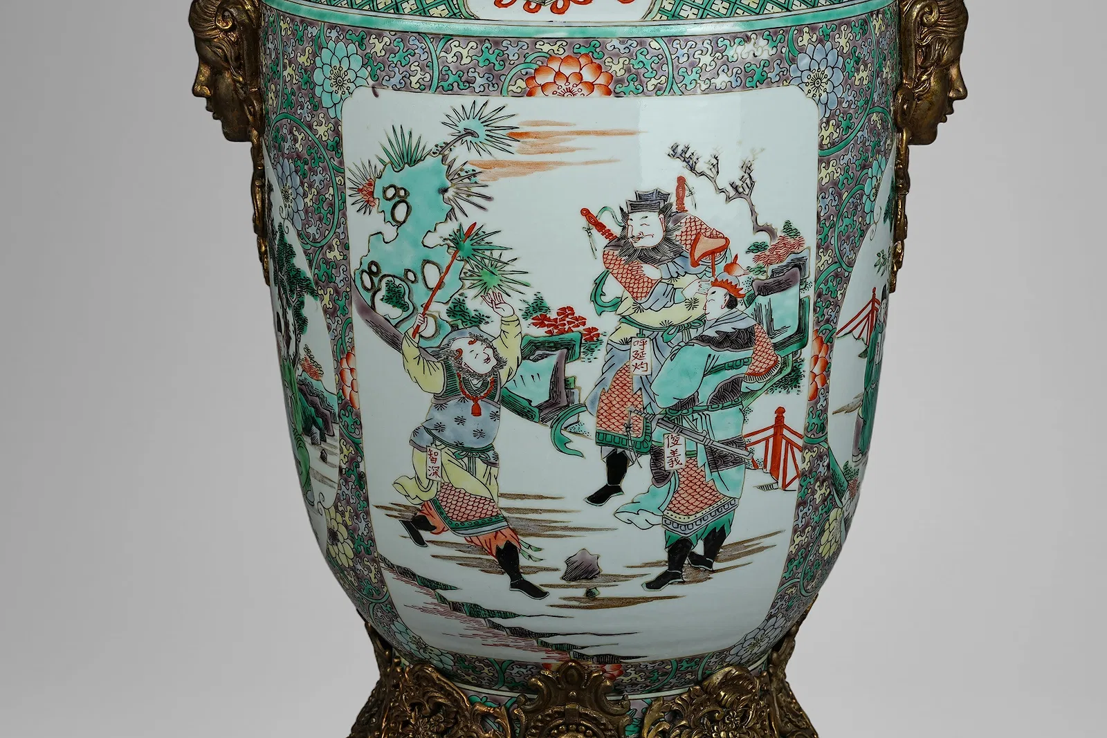 Chinese Famille Verte Style Porcelain Vase with Gilt Bronze Ormolu Mounts thumbnail 3