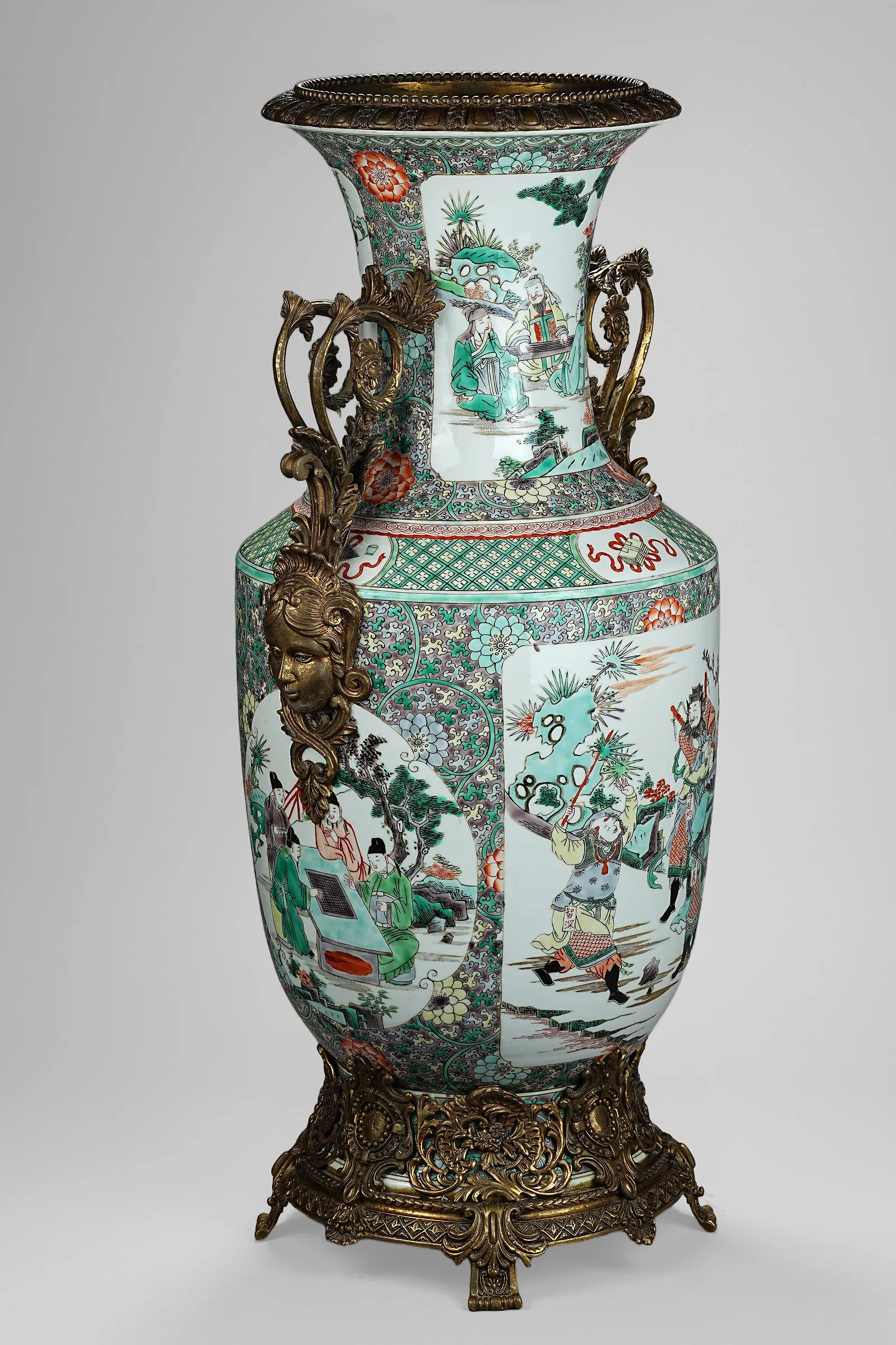 Chinese Famille Verte Style Porcelain Vase with Gilt Bronze Ormolu Mounts thumbnail 4