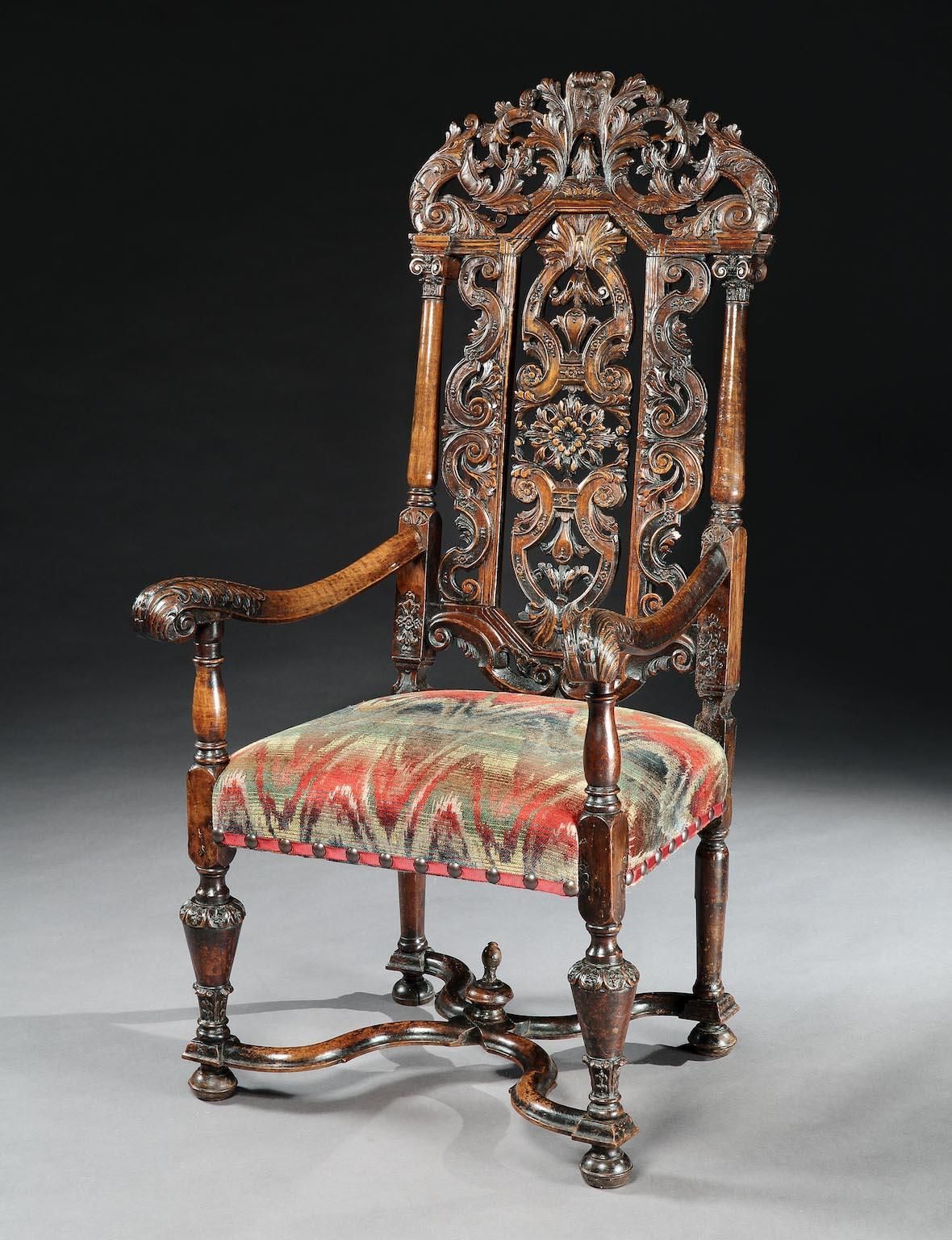 English Baroque Period Carved Oak Armchair