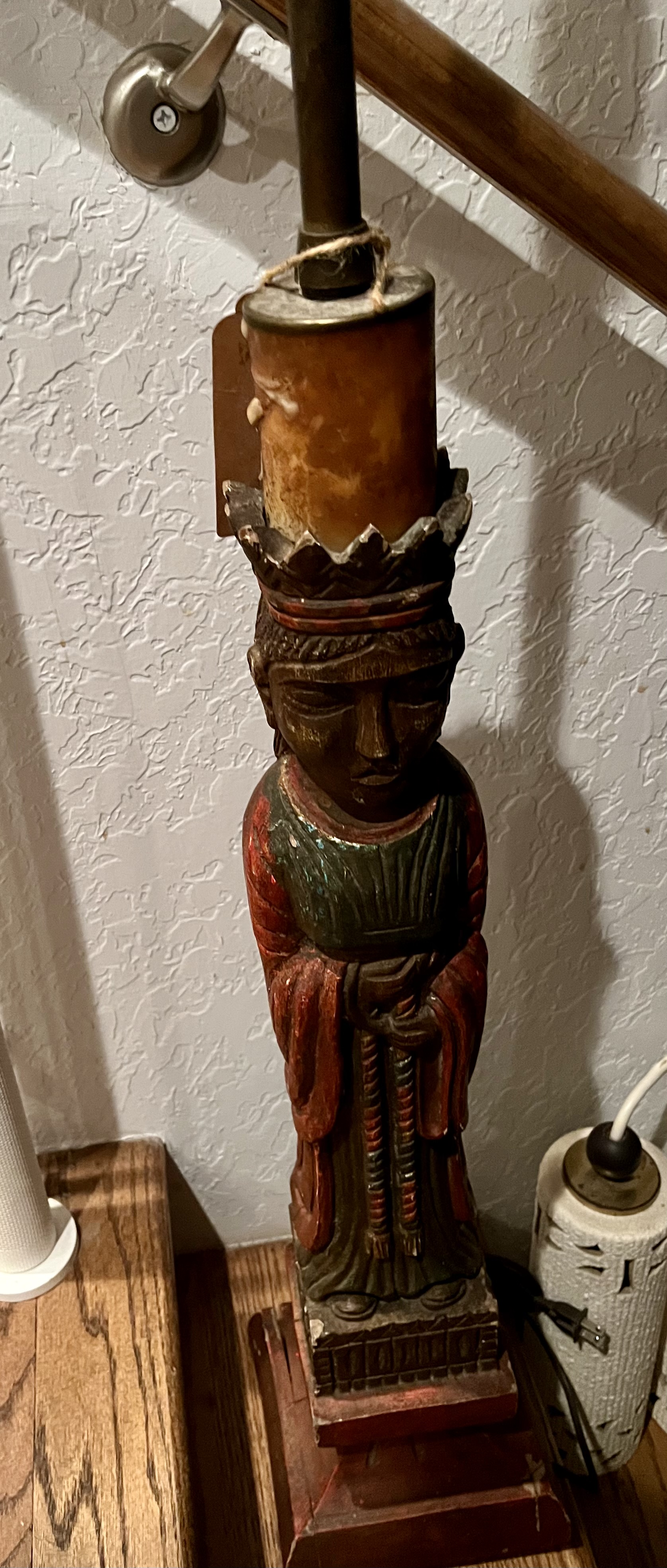 Folk Art Polychrome Carved Wood Lamp Base (Asian-Inspired Figure)