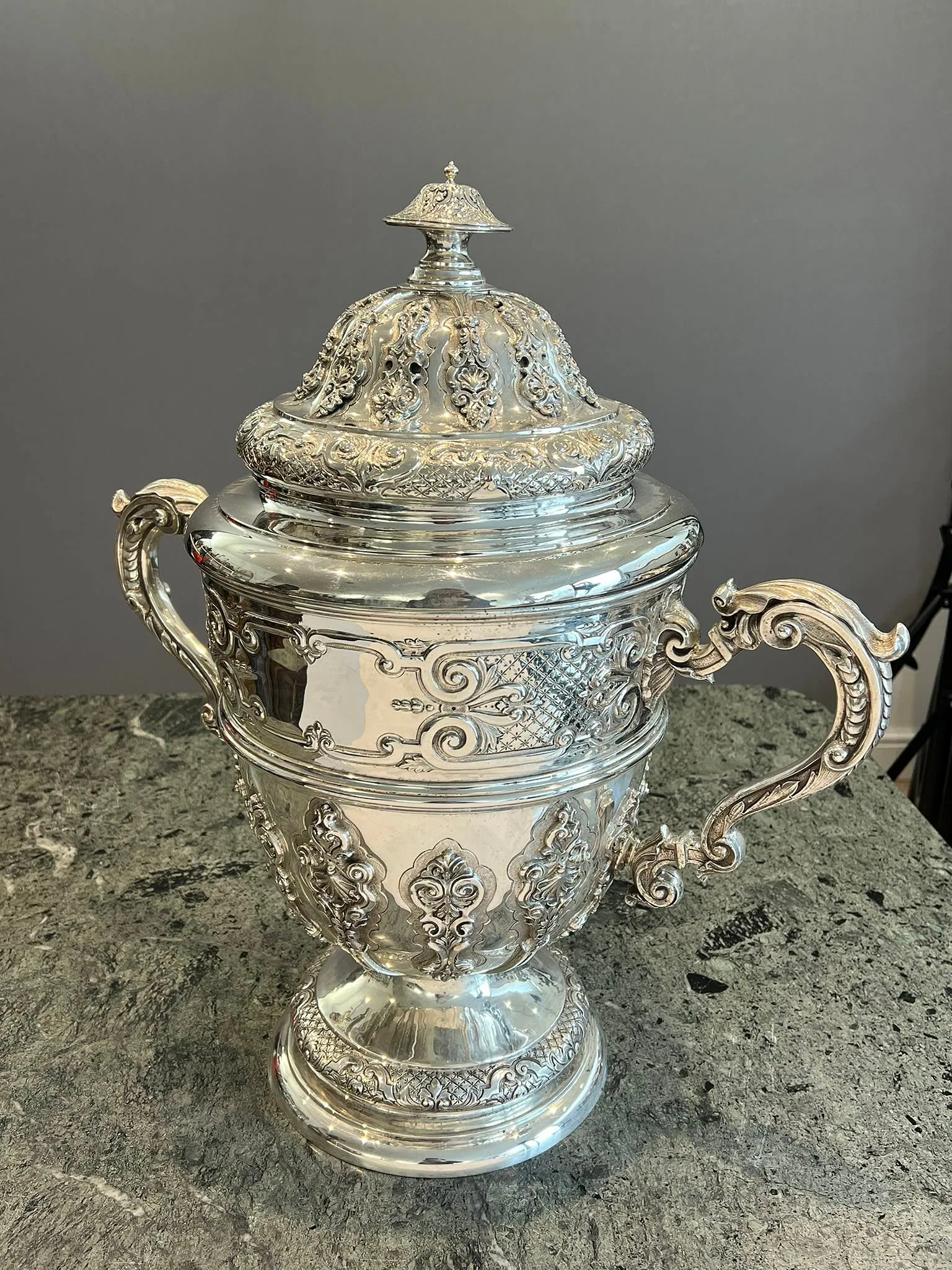 American Rococo Revival Silver Covered Two-Handled Trophy Urn thumbnail 2