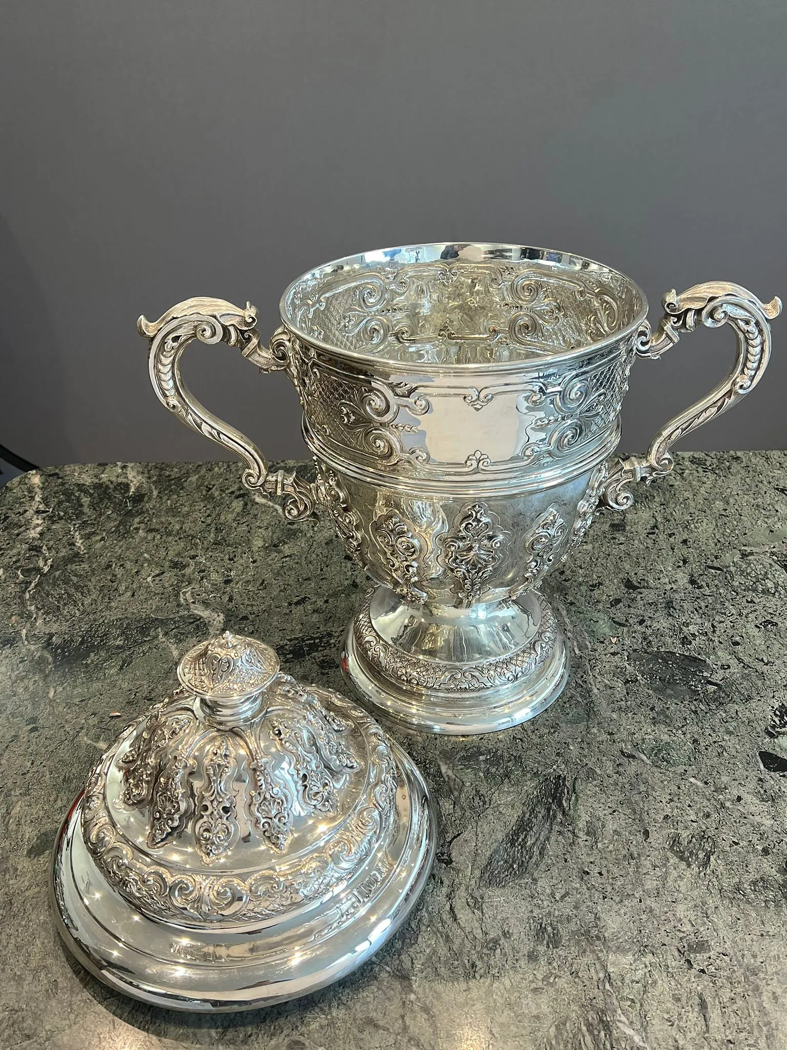 American Rococo Revival Silver Covered Two-Handled Trophy Urn thumbnail 3