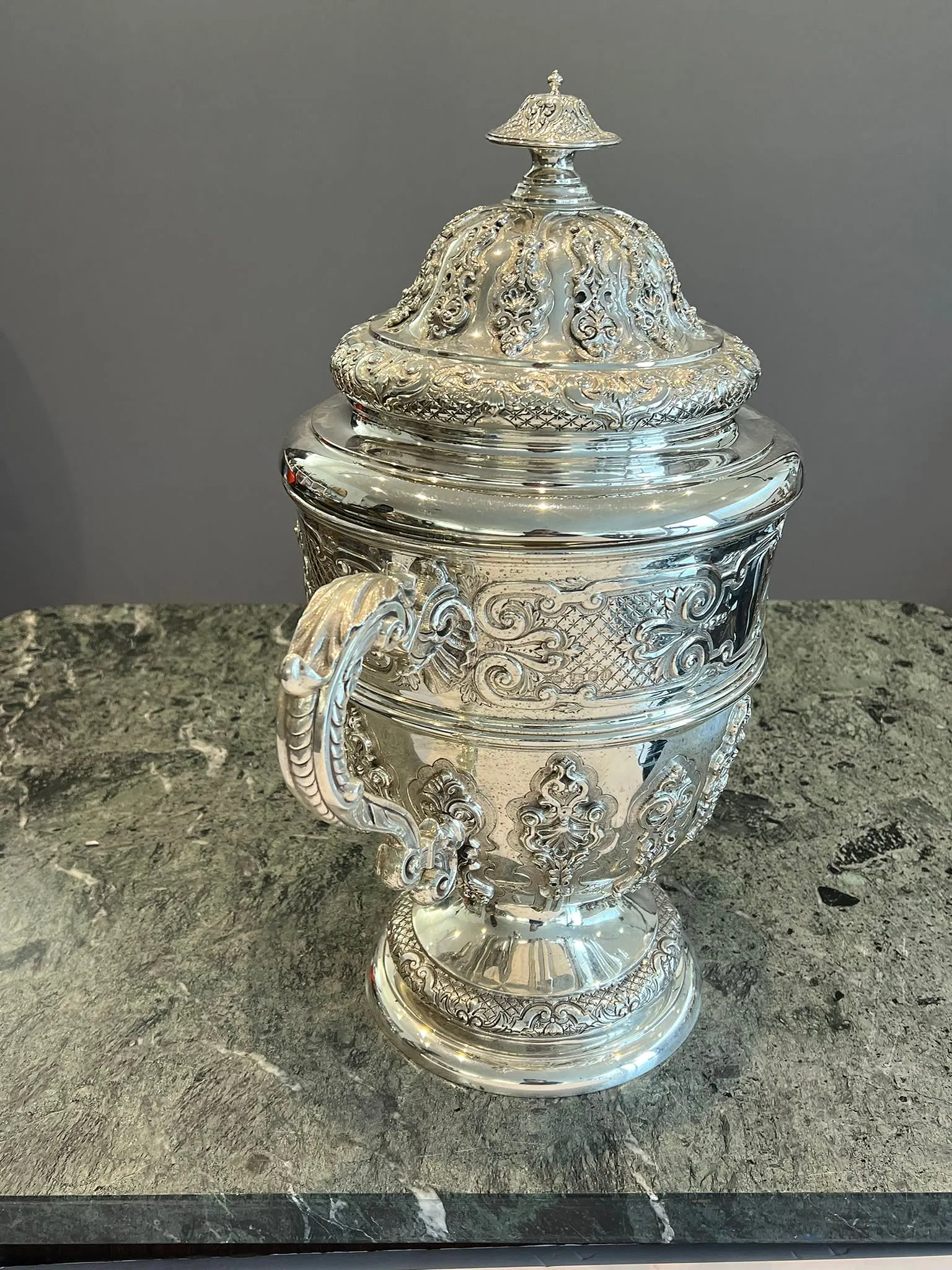 American Rococo Revival Silver Covered Two-Handled Trophy Urn thumbnail 4