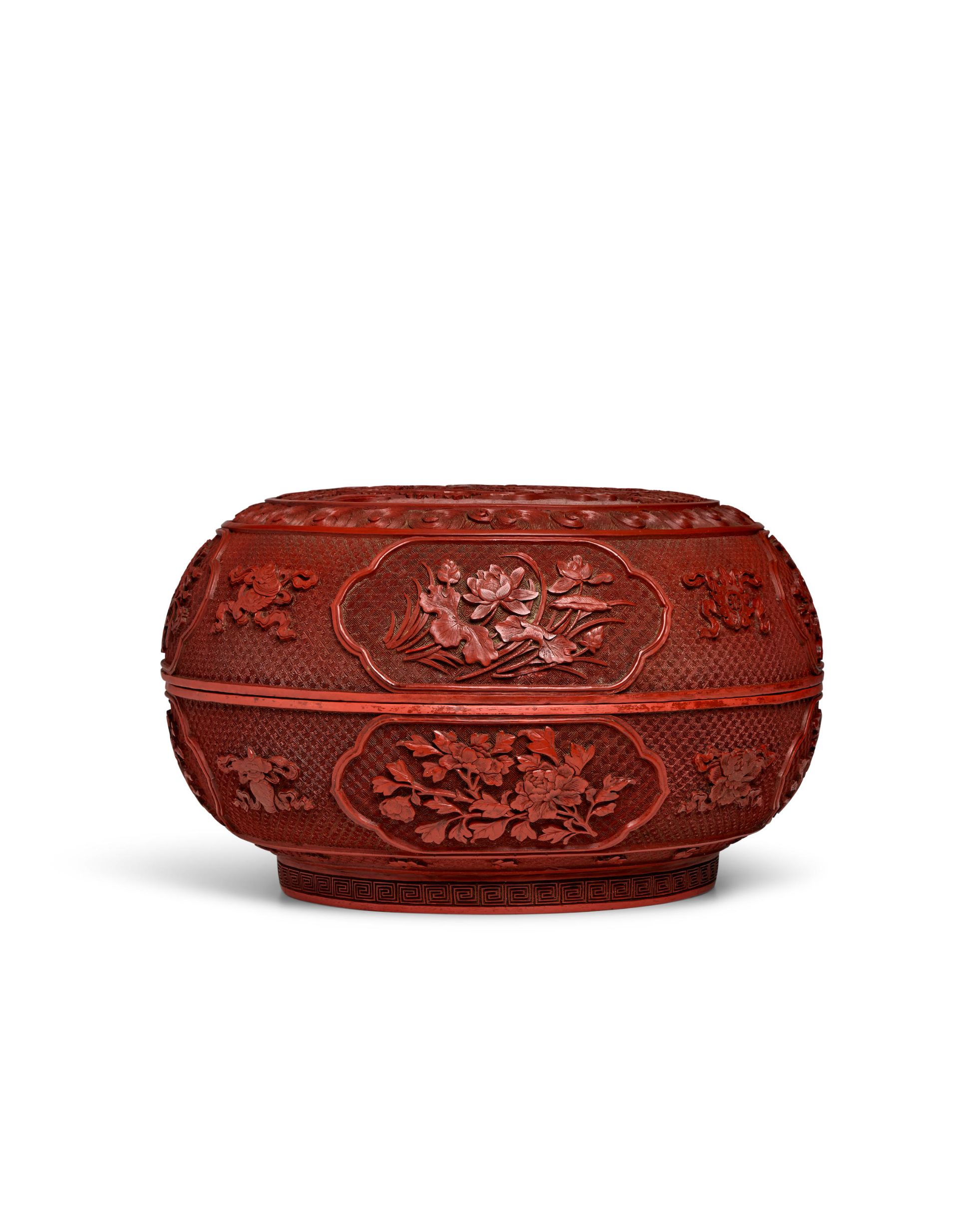 Qing Dynasty Carved Cinnabar Lacquer Box with Landscape and Floral Panels thumbnail 3
