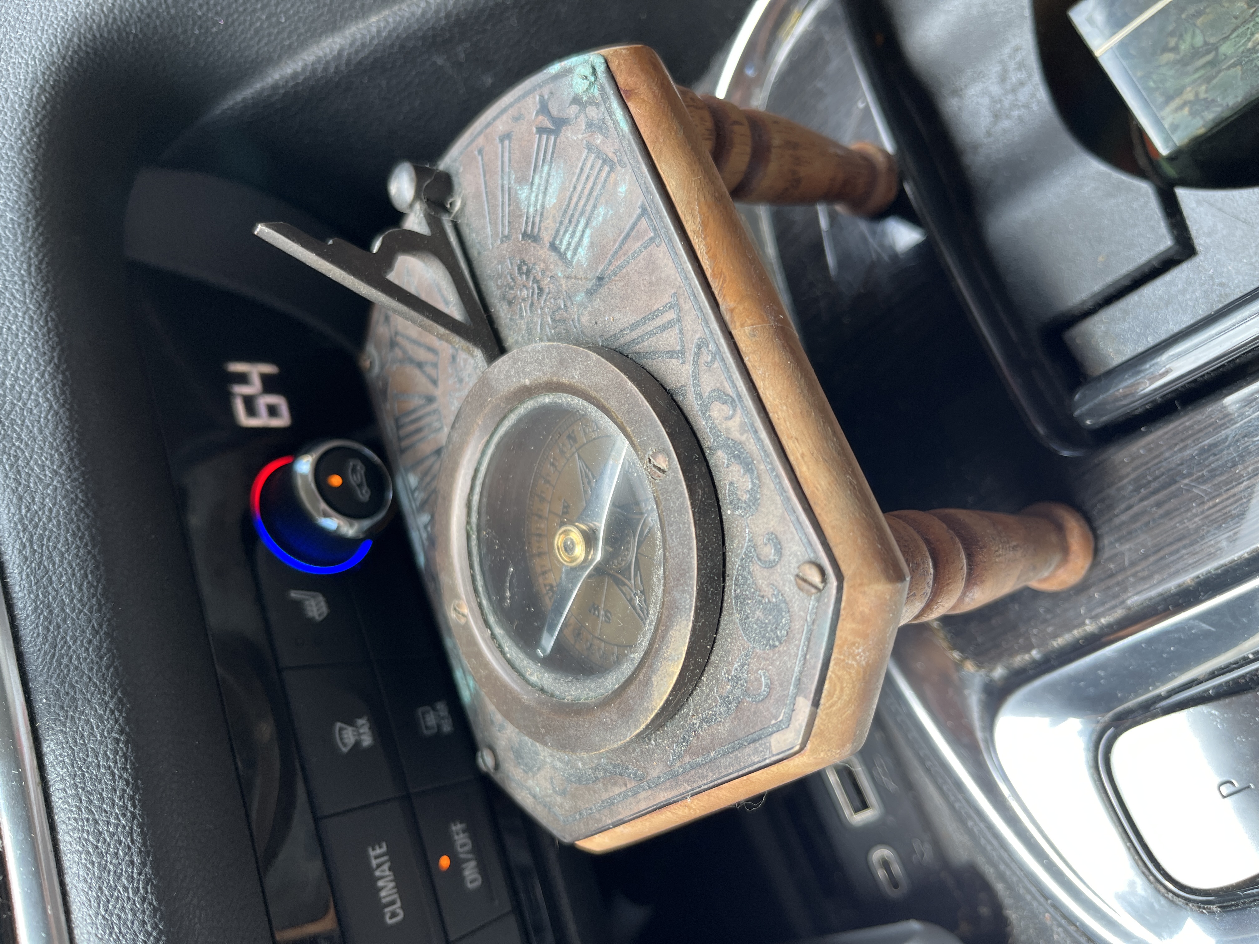 Victorian Revival Brass and Wood Tabletop Sundial Compass