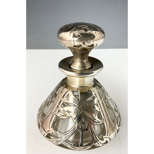 Art Nouveau Sterling Silver Overlay Glass Perfume Bottle