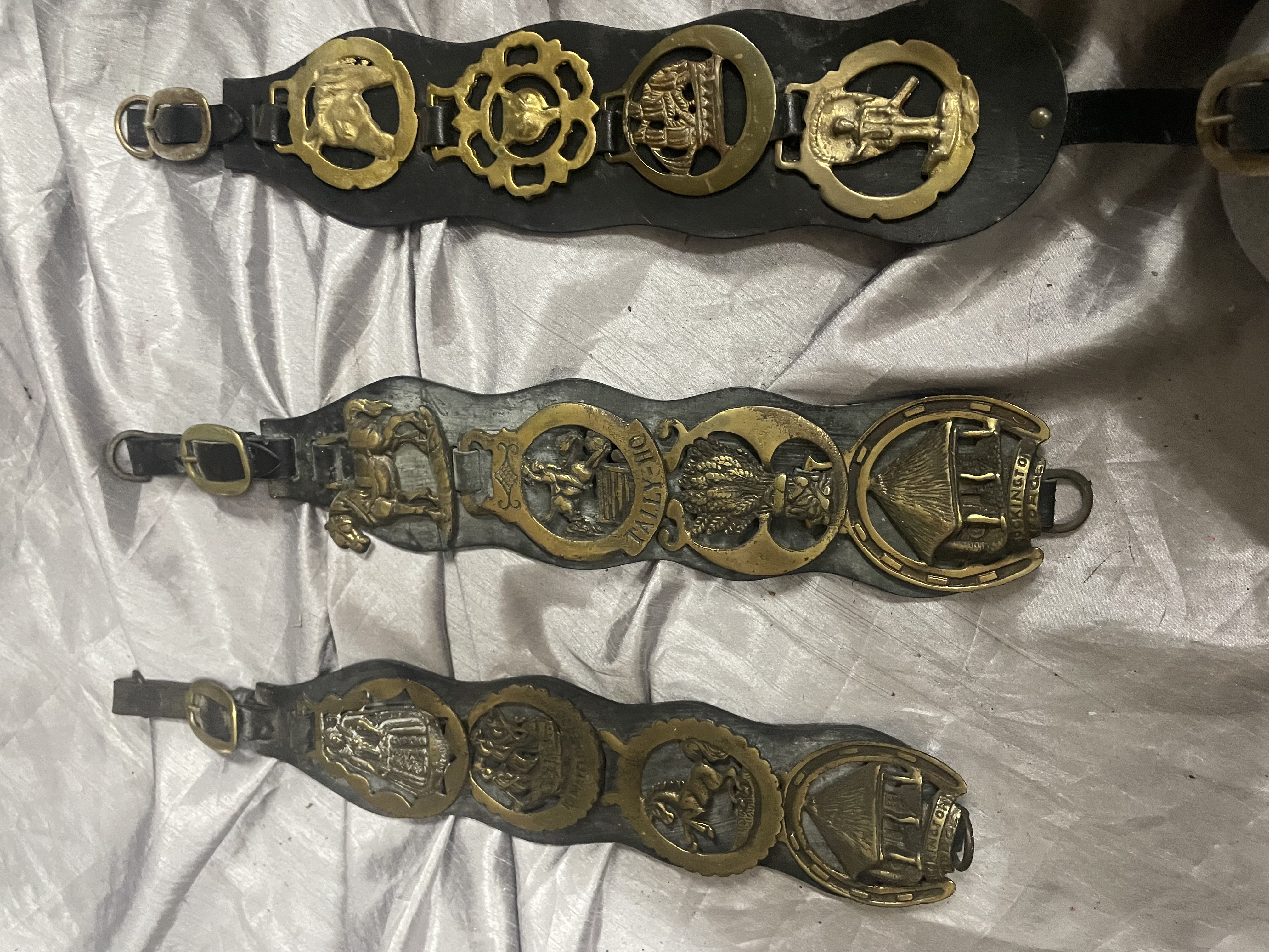 Three English Leather Martingales with Assorted Horse Brasses
