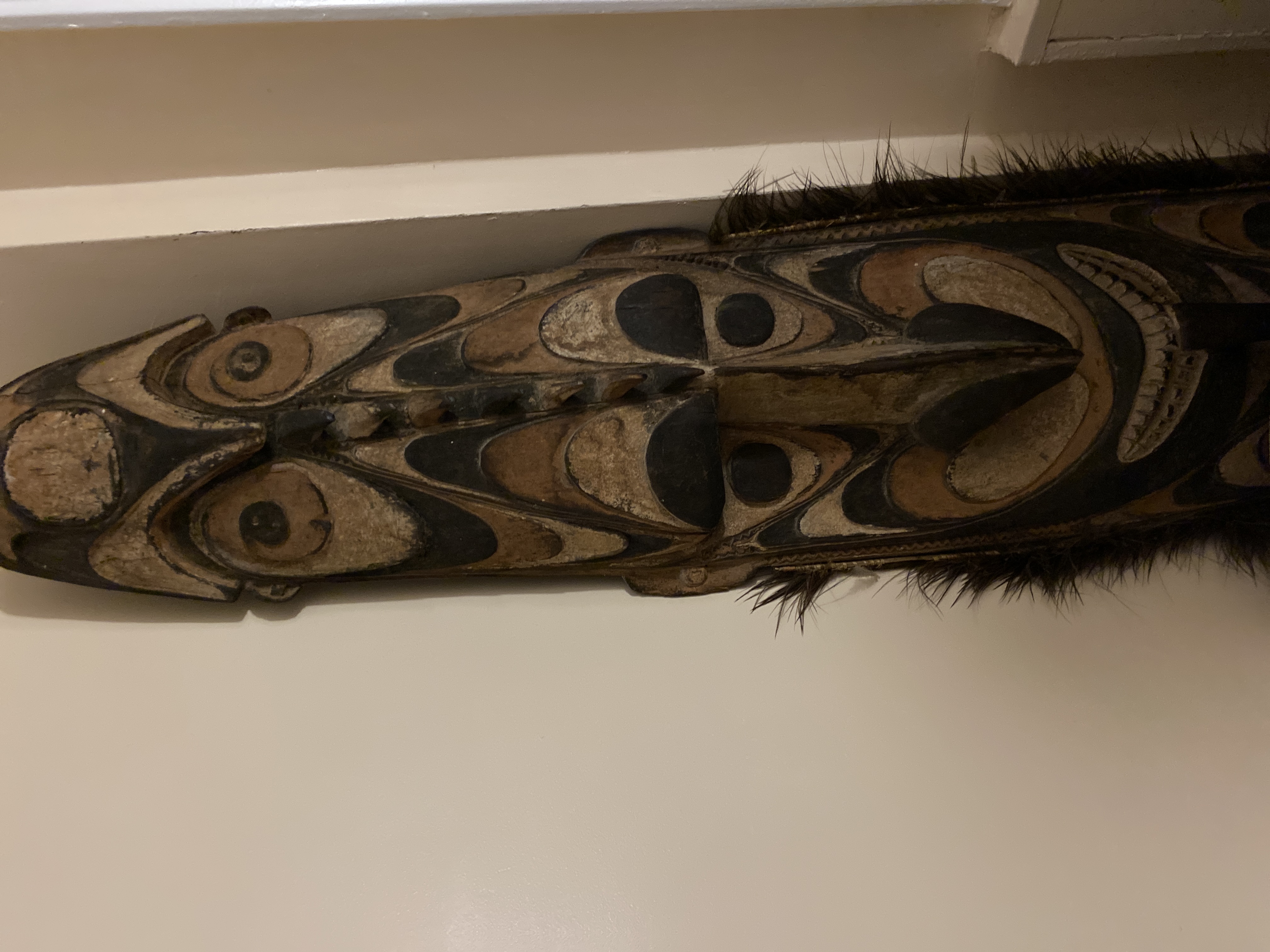 Papua New Guinea Sepik River Painted Wood Ancestral Spirit Mask with Cassowary Feather Fringe