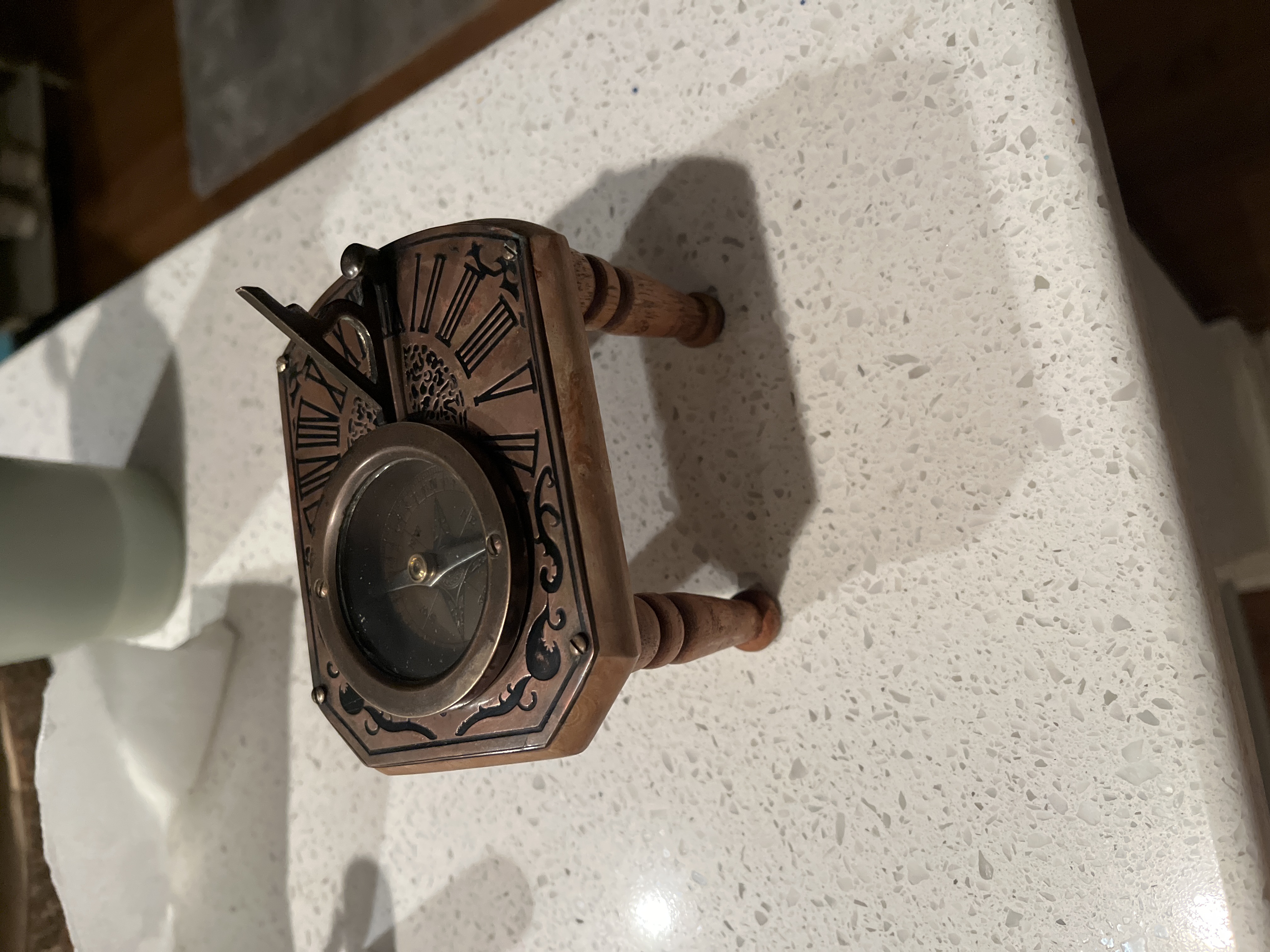 Victorian Revival Brass and Wood Tabletop Sundial Compass
